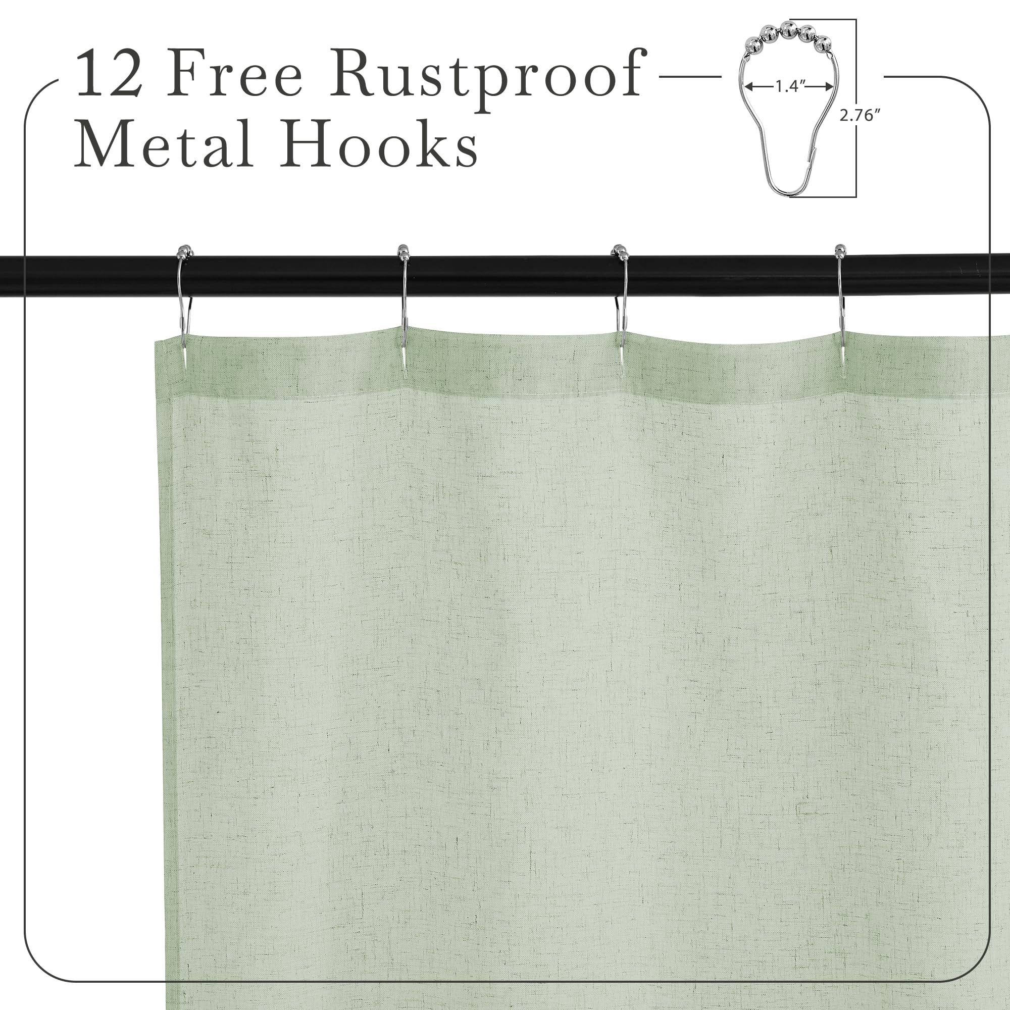 KGORGE Leinen-Duschvorhang, halbtransparent, leicht, Knopfloch, halbsichtbar, schnell trocknend, Duschvorhänge für Badezimmer, Badewanne, Dekoration, graugrün, 183 x 213 cm lang, Haken im Lieferumfang
