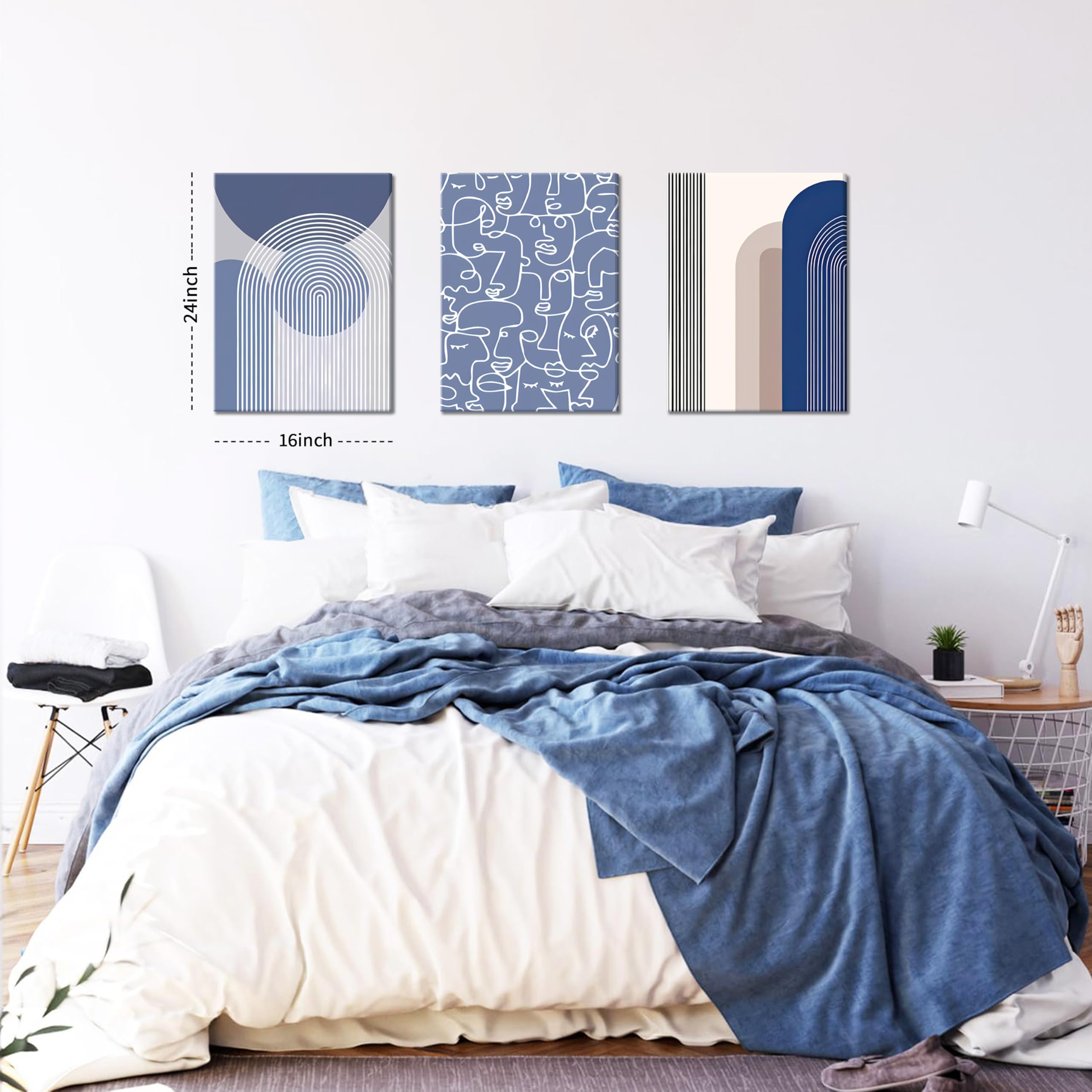 View 1 of ***FACTORY SEALED***Abstract Wall Art Set of 3 - Modern Navy Blue Wall Decor Neutral Boho Oil Painting Lines Canvas Artwork Posters Prints Framed 16×24 Inch for Living Room Bedroom Office Home Decoration