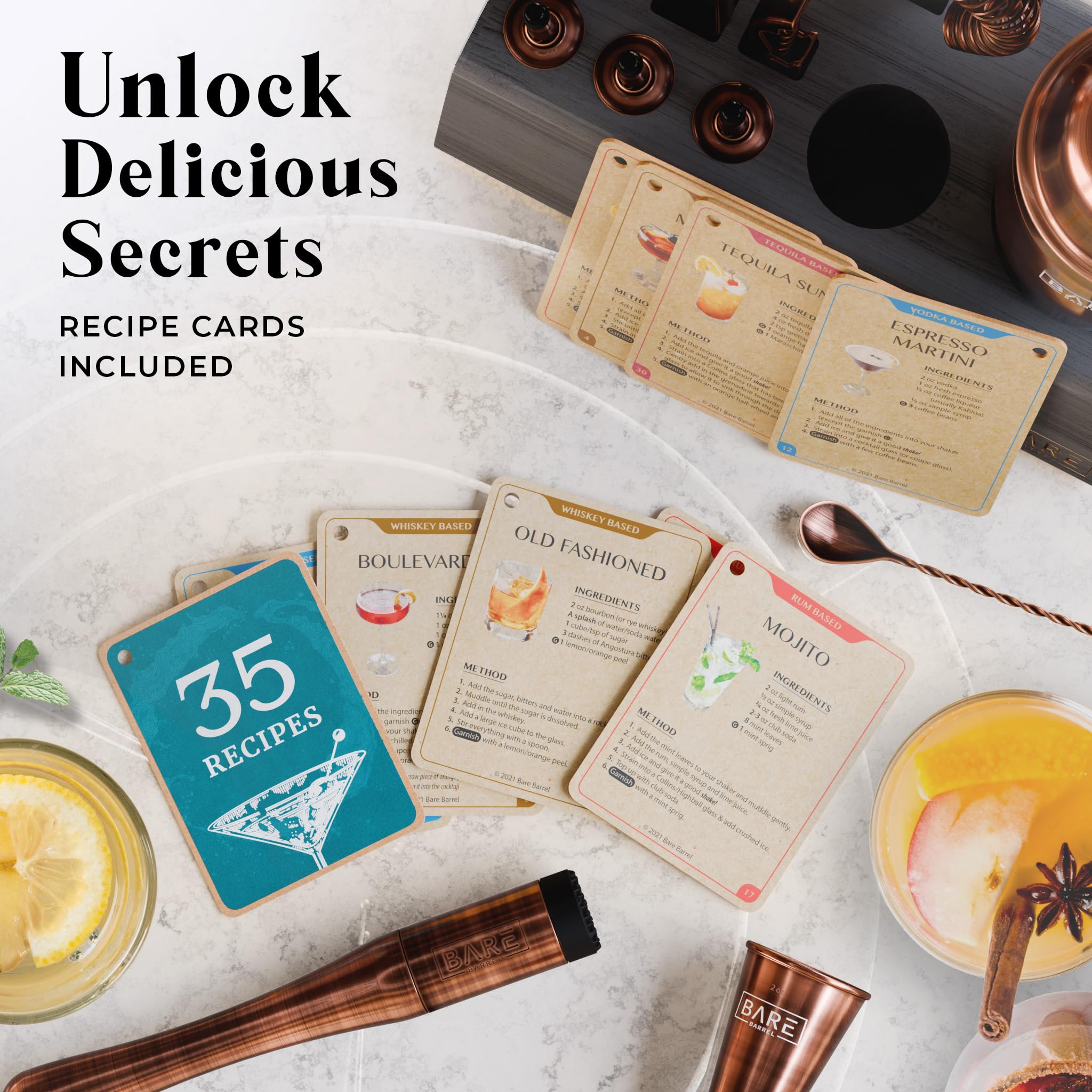 Bare Mixology Barkeeper-Set, Bar-Set, 14-teiliges Martini-Cocktail-Shaker-Set, professionelle Barzubehör-Mischwerkzeuge für die Hausbar, Bambusständer und Rezeptkarten-Set (Kupfer)