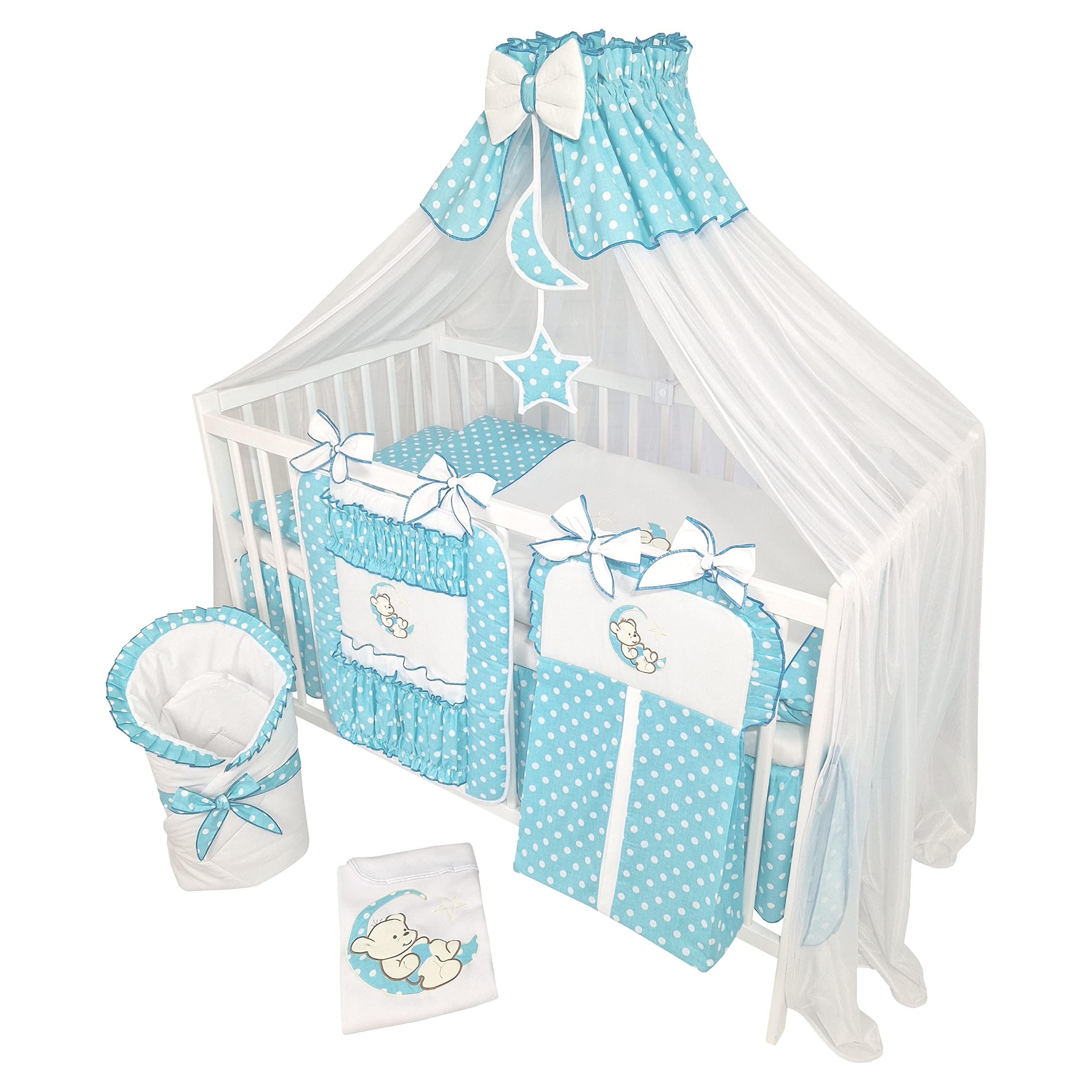 Juego Completo de 14 Piezas de Ropa de Cama para Bebé sin Cama Bordado con Oso de Peluche en la Luna Azul Azur (100x135 cm)