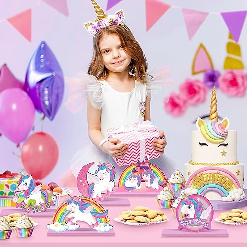 Miniatura 3 de 6 piezas de decoración de mesa de unicornio de madera para niñas y niños, baby shower, fiesta de cumpleaños, unicornio, arco iris, centro de mesa,