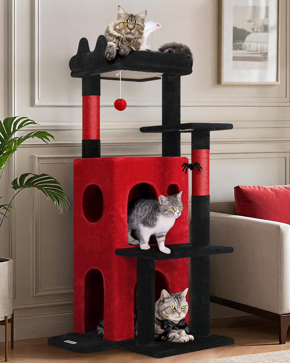 Globlazer Gothic Cat Tree Tower for Indoor Cats, 50-inch Goth Adult Cat Tree House for Large Adult Cats with Steps, Scratching Post, 2 Cat Caves, Dangling Toys, FC50, Blood-Goth 50inch Gothic