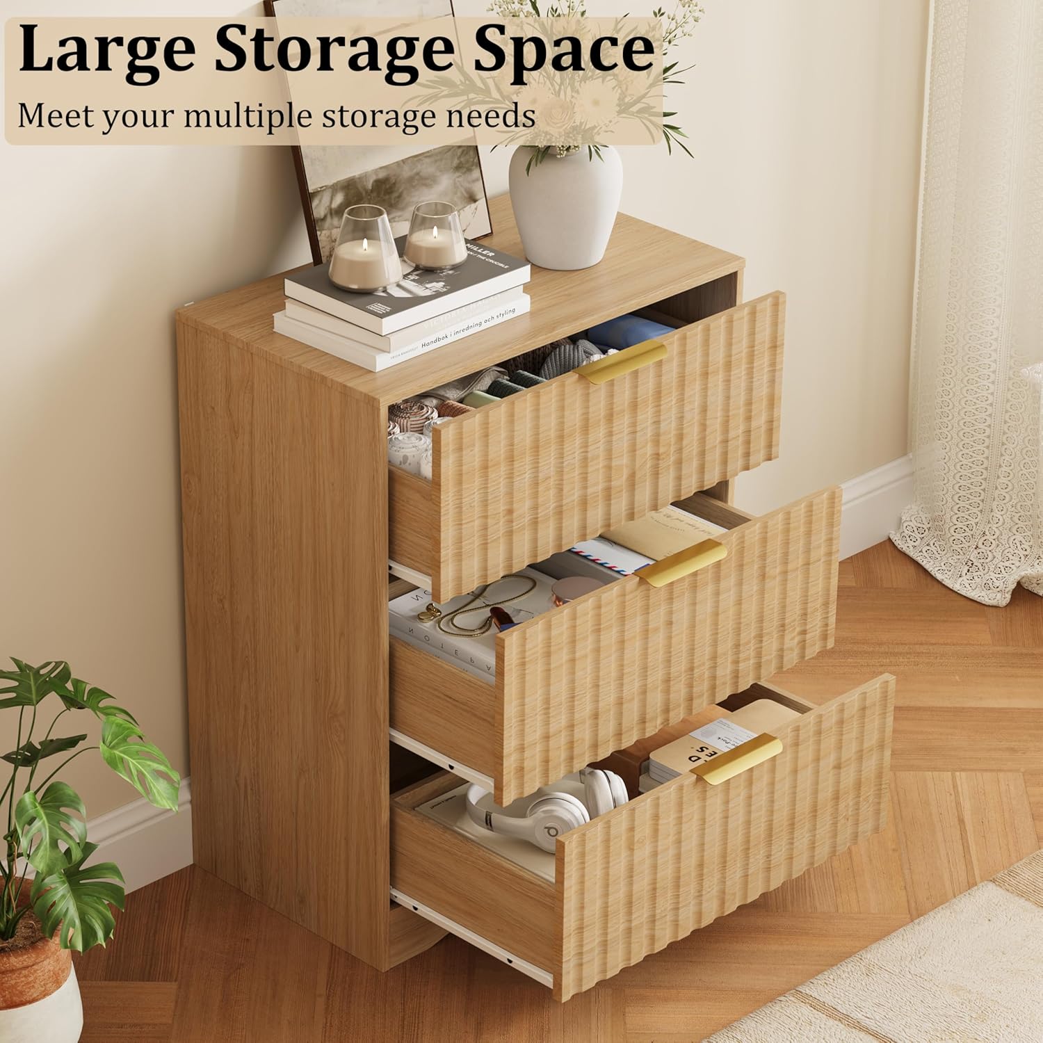 Fluted Nightstand with 3 Drawers, 30" Tall Modern Wood Night Stand with Metal Handle, Large Beside End Table with Storage for Bedroom, Natural Oak