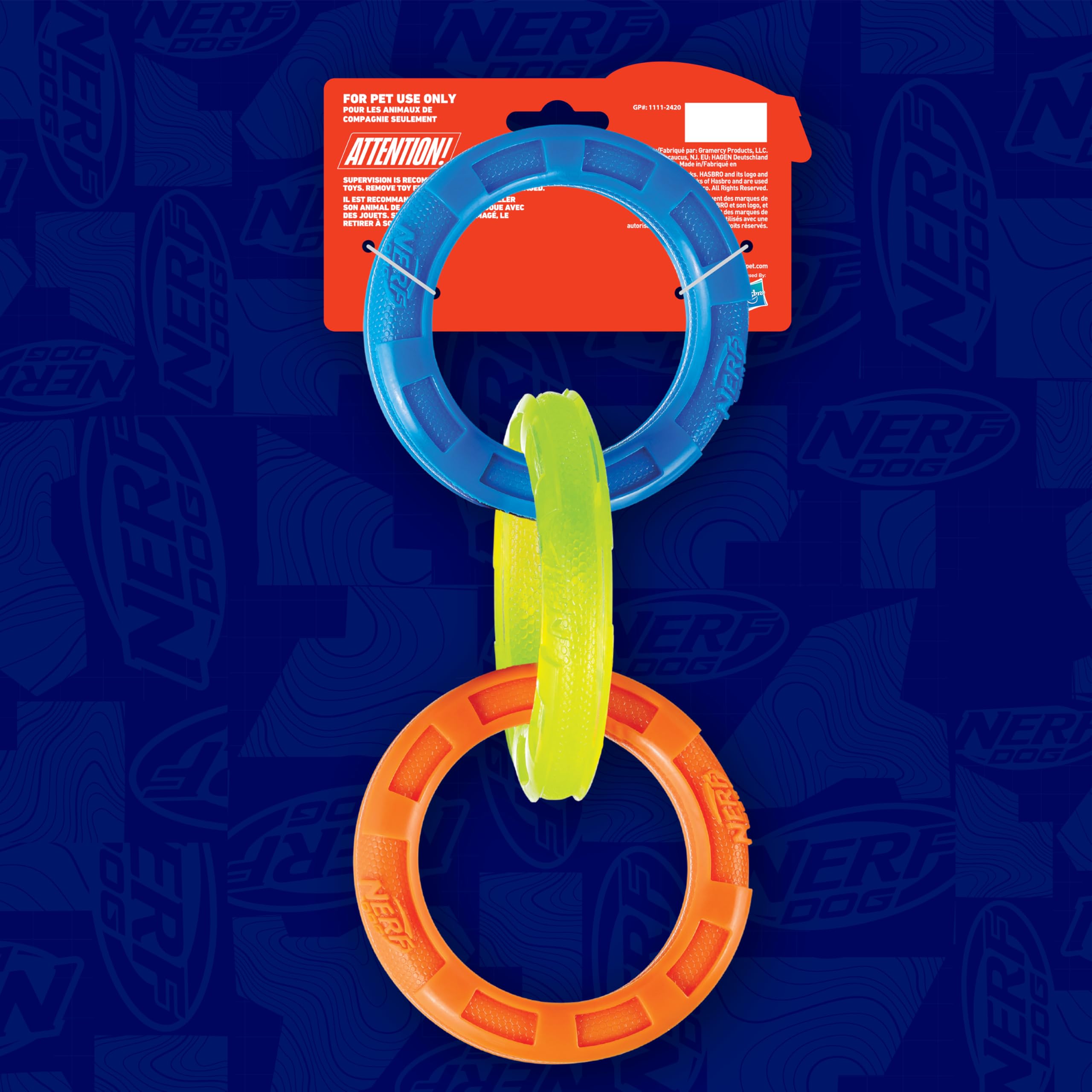 Nerf Dog 29,2 cm 3-Ring-TPR-Zerrer, Hundespielzeug für Welpen, mittelgroße Hunde, interaktives Spielen, blau, grün und orange