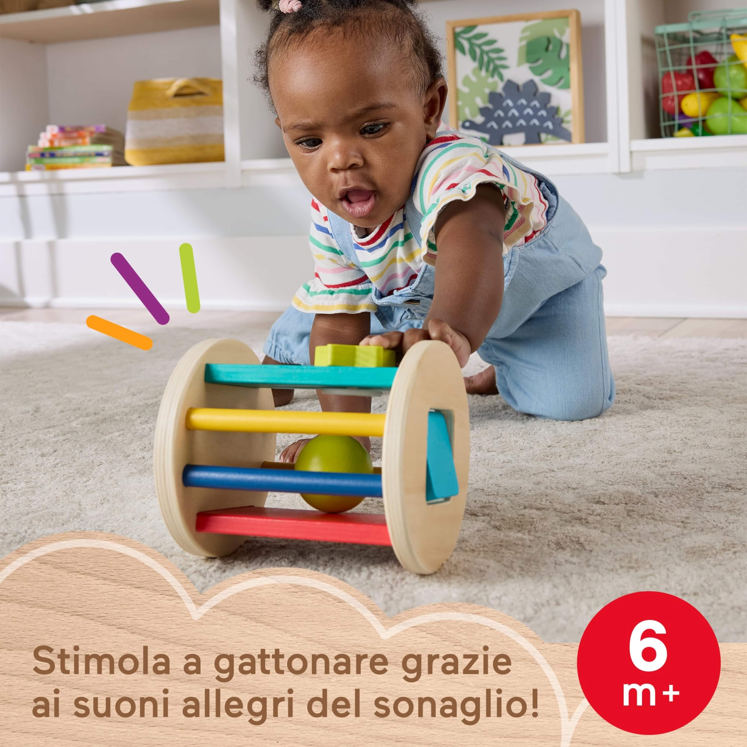 Fisher-Price - Rullo Gattona con Me, Giocattolo in Legno Che stimola Il Gattonamento, Suoni sensoriali, levette cercaforme e Specchio per la Scoperta di sè Inclusi, 6+ Mesi, JKH17