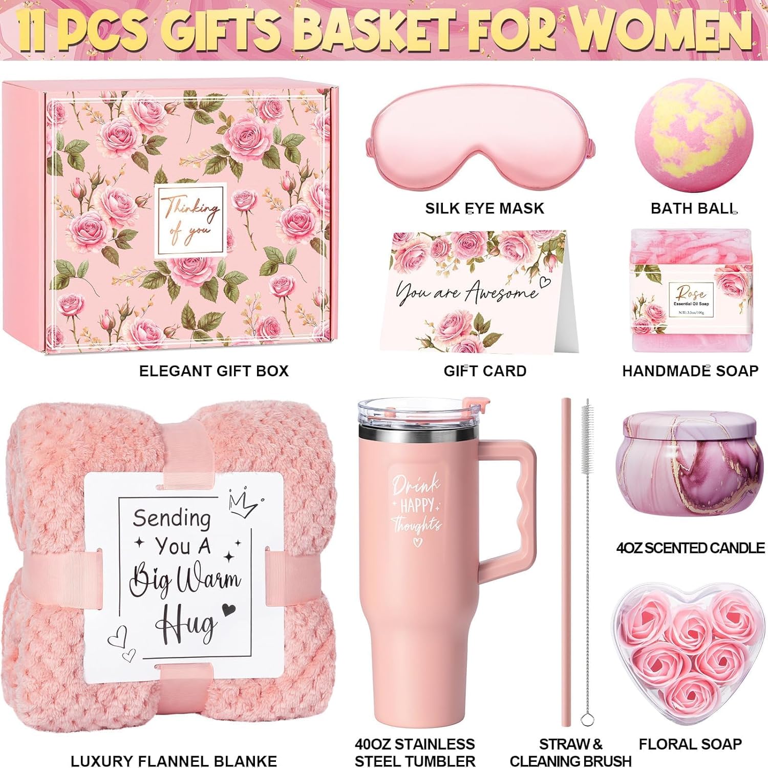 Birthday Gifts for Women Self Care Get Well Soon Gifts, Rose Relaxing Spa Gift Box Care Package Basket w/ Luxury Flannel Blanket 40 oz Tumbler, Valentines Day Gift for Her Wife Girlfriend Mom Sister - Image 2
