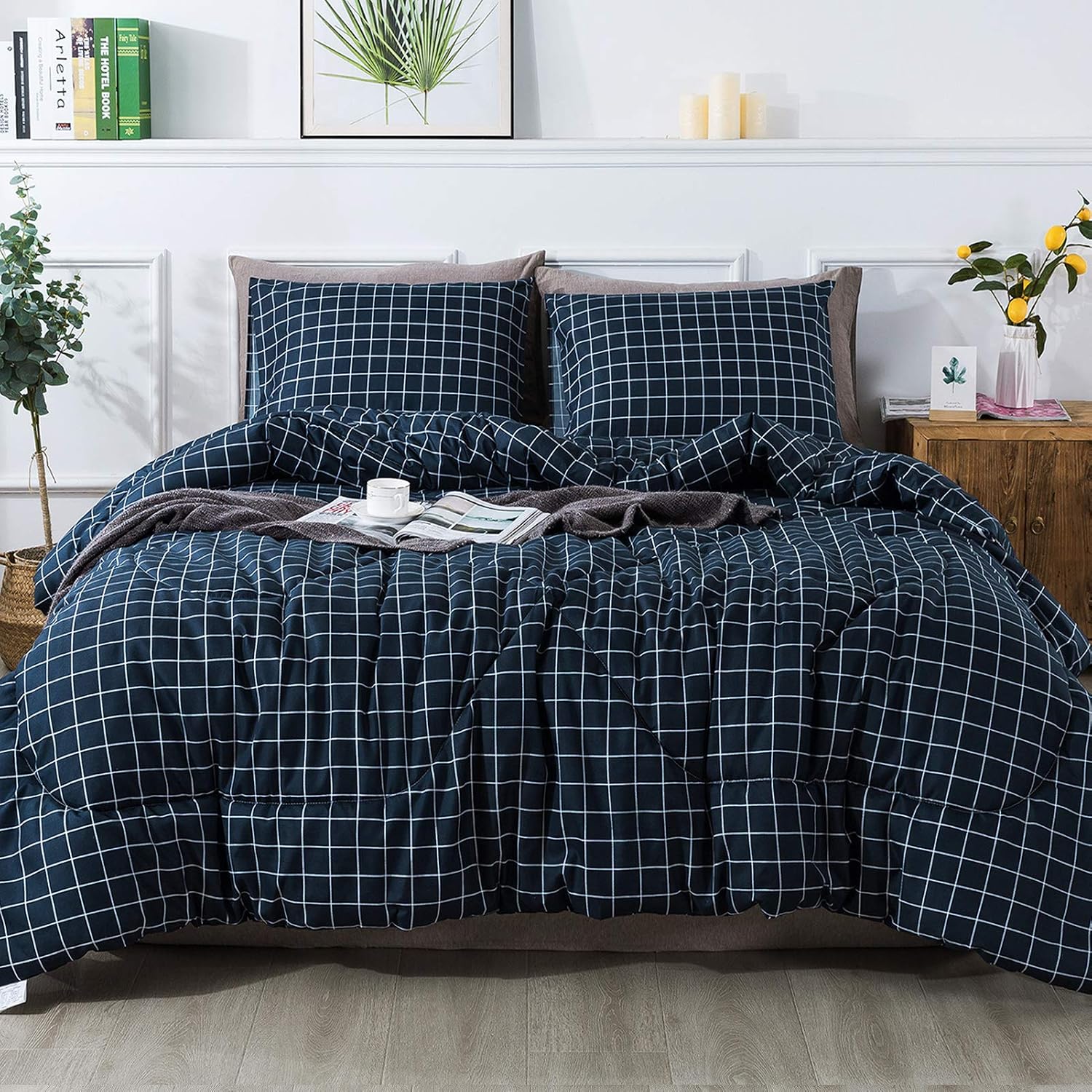 Andency Navy Grid Comforter Twin(66x90 Inch), 2 Pieces(1 Plaid Comforter and 1 Pillowcase) Navy Plaid Comforter Set, Farmhouse Microfiber Down Alternative Bedding Comforter Set…