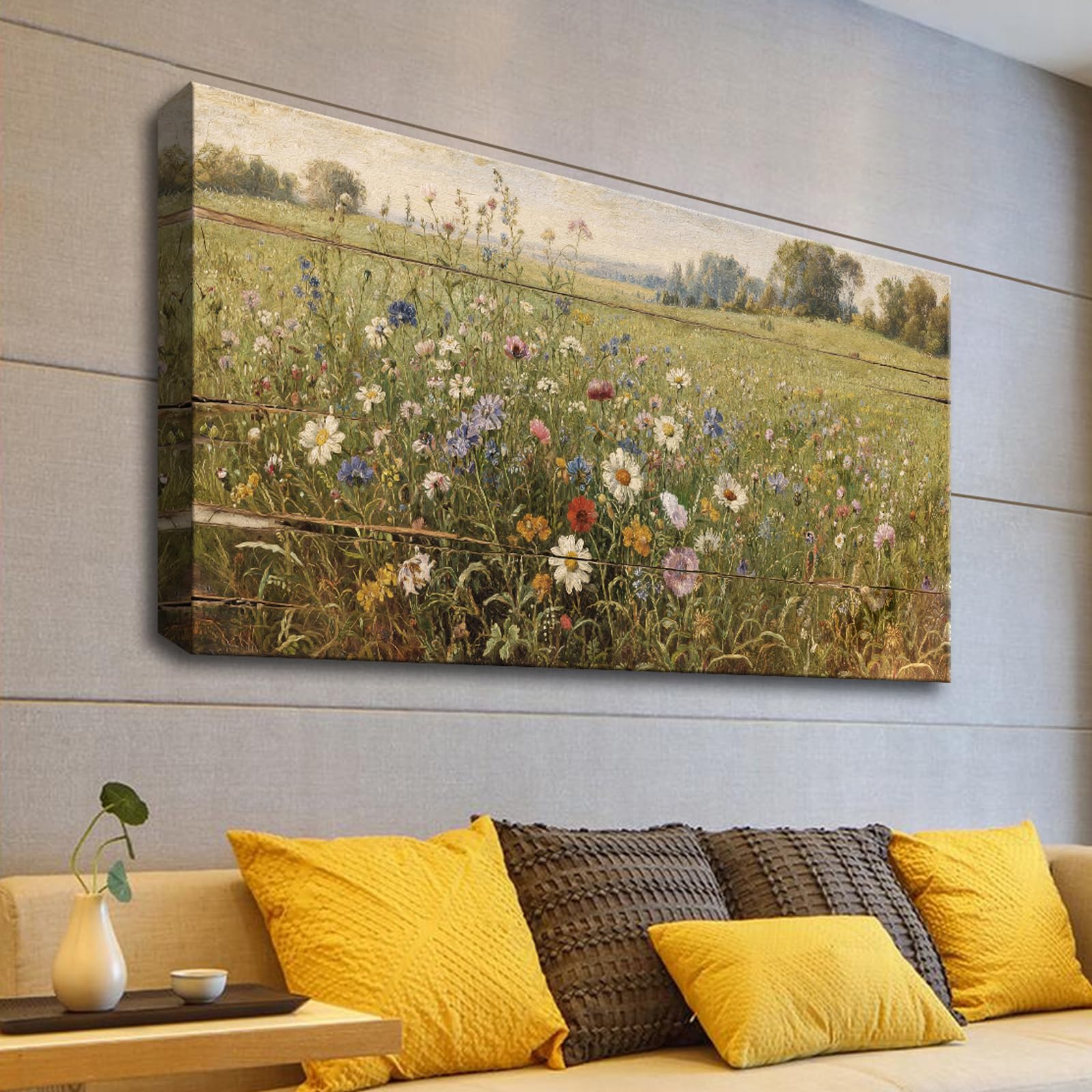 Sorbrozo Wildflower Meadow Canvas Wall Art Nature Landscape Print Large Floral Countryside Scene Living Room Home Decor Size:30x58in
