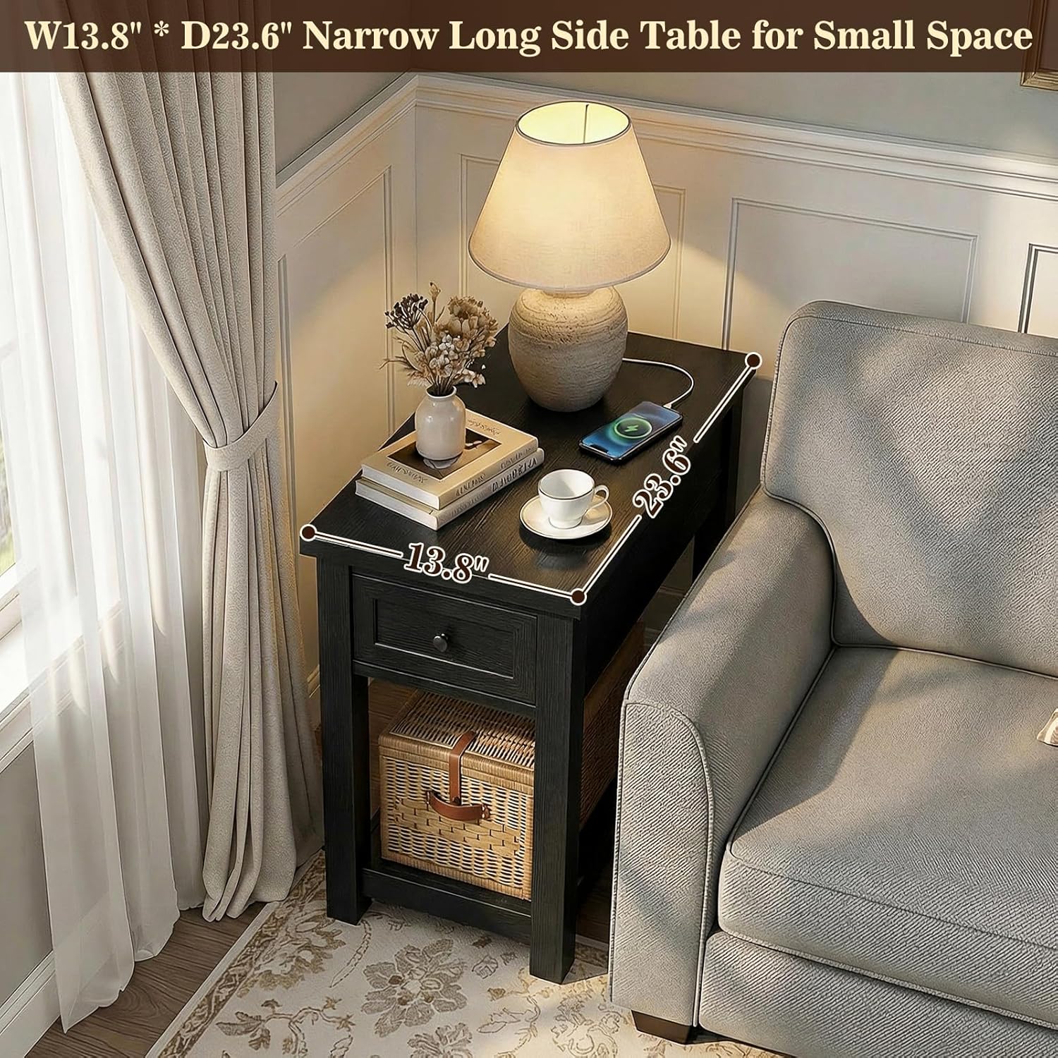 Armocity Narrow End Table with Charging Station - Farmhouse Side Table with Drawer & Shelf, Wood Skinny Nightstand for Living Room Sofa Couch, Bedroom, Small Spaces, Black