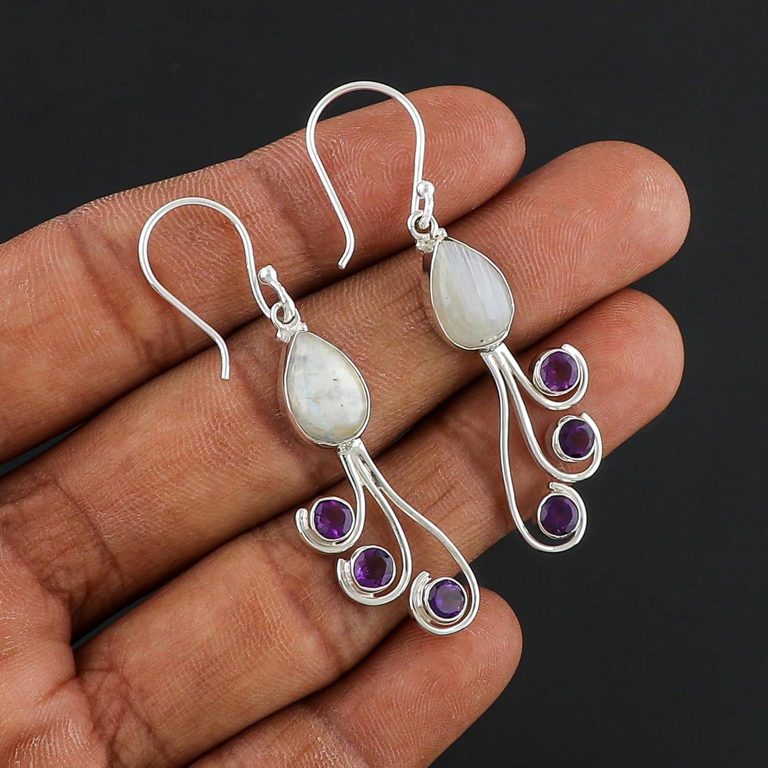 Natural Moonstone & Amethyst Gemstones Earrings, 925 Sterling Silver, Handmade Earrings, Birthstone, Crystals Dangle Jewelry, Bridal Minimalist Earrings for Women - Image 4