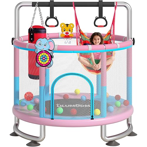 55" Toddler Trampoline for Kids,LILUMUDM Indoor Outdoor with Enclosure Net, Adjustable Gymnastics Bars,Basketball Hoop,Baby Trampoline Jumping Mat Birthday Gifts for Children Boy Girl.