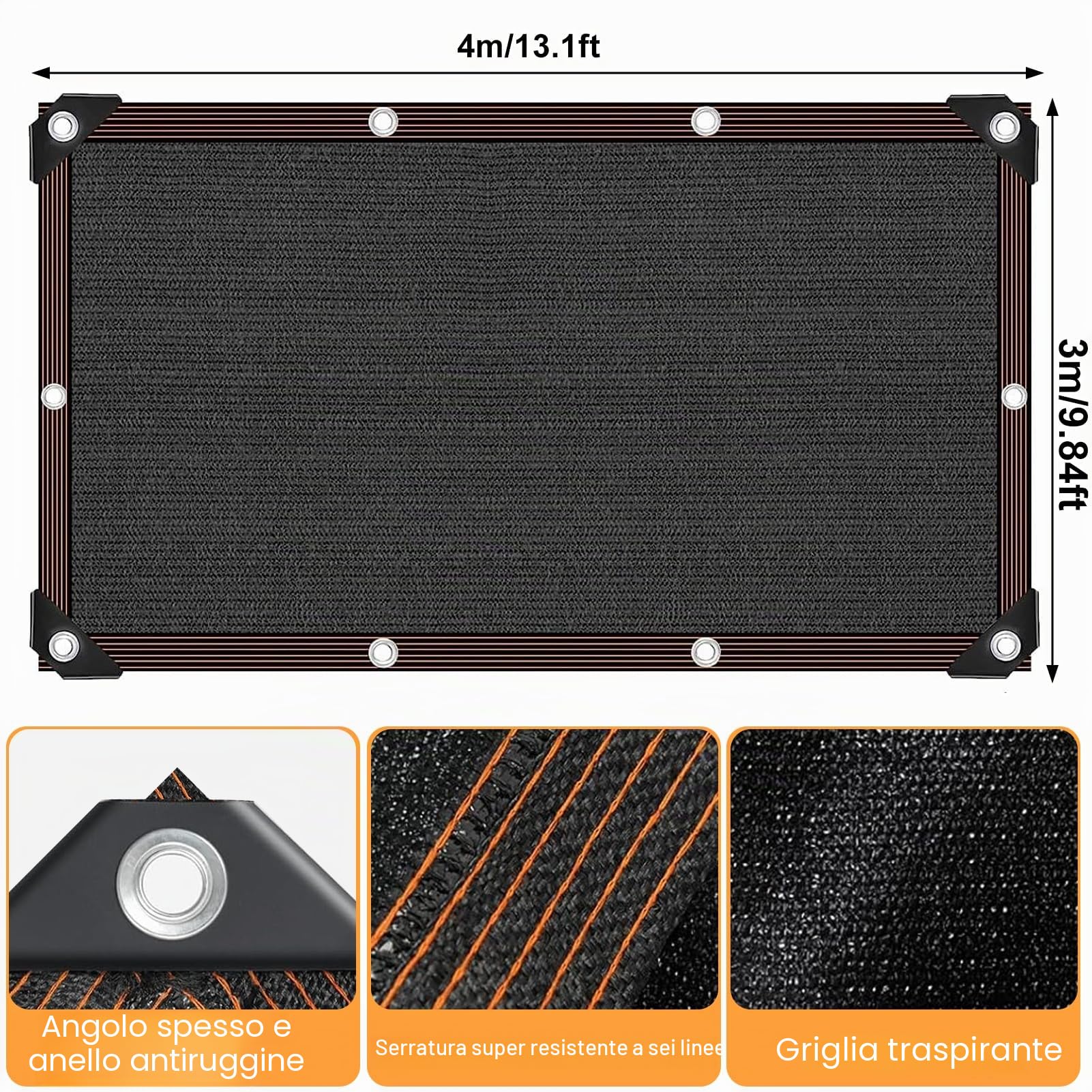 Rete Ombreggiante 3x4M Nero con Occhielli UV Resistente Giardino Pergola