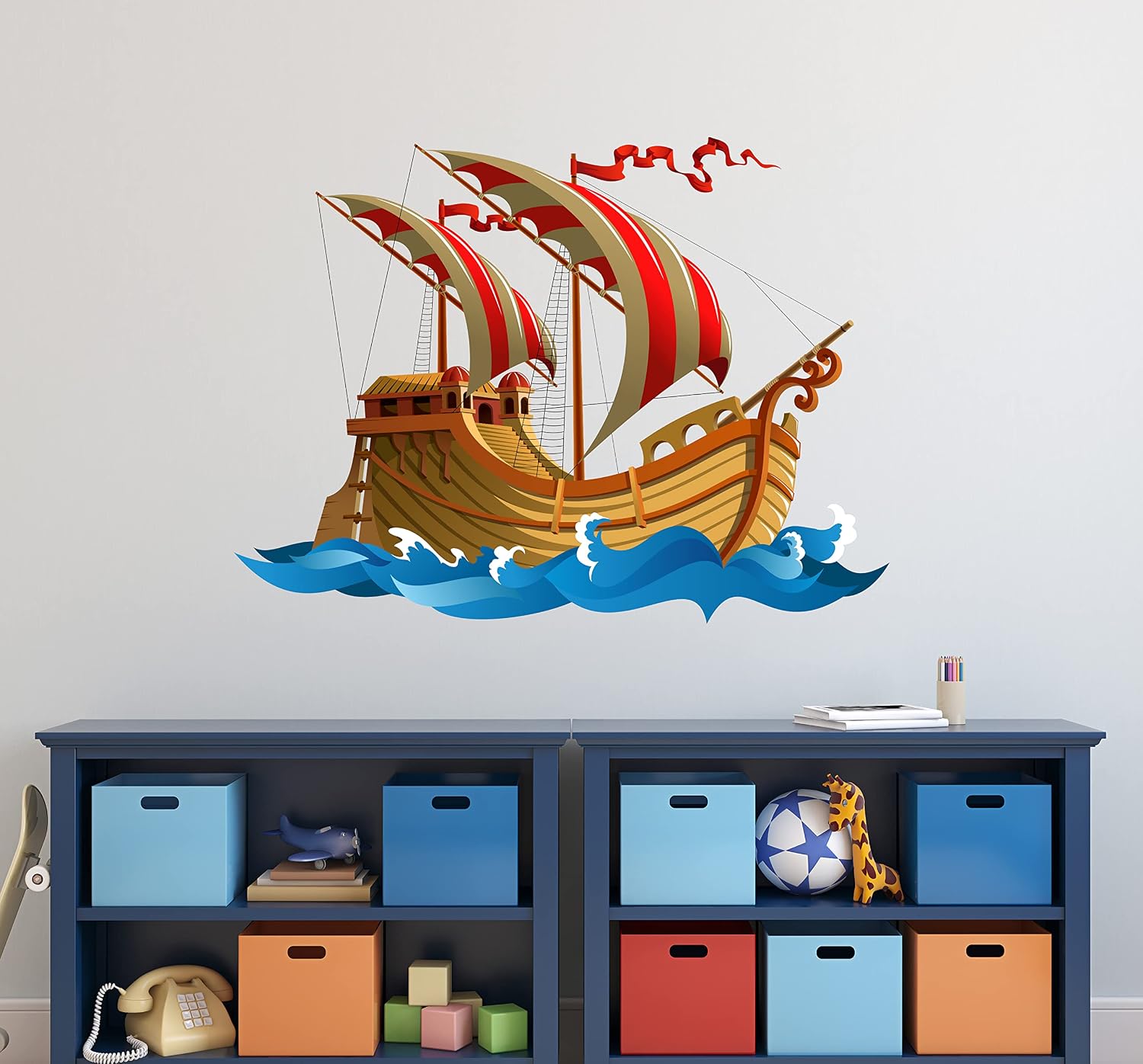 Pirate Ship Wall Decal - Kids Ocean Wall Stickers - Kids Wall Decals for Pirate and Under The Sea Theme Room Vinyl Sticker (22"W x 16"H)