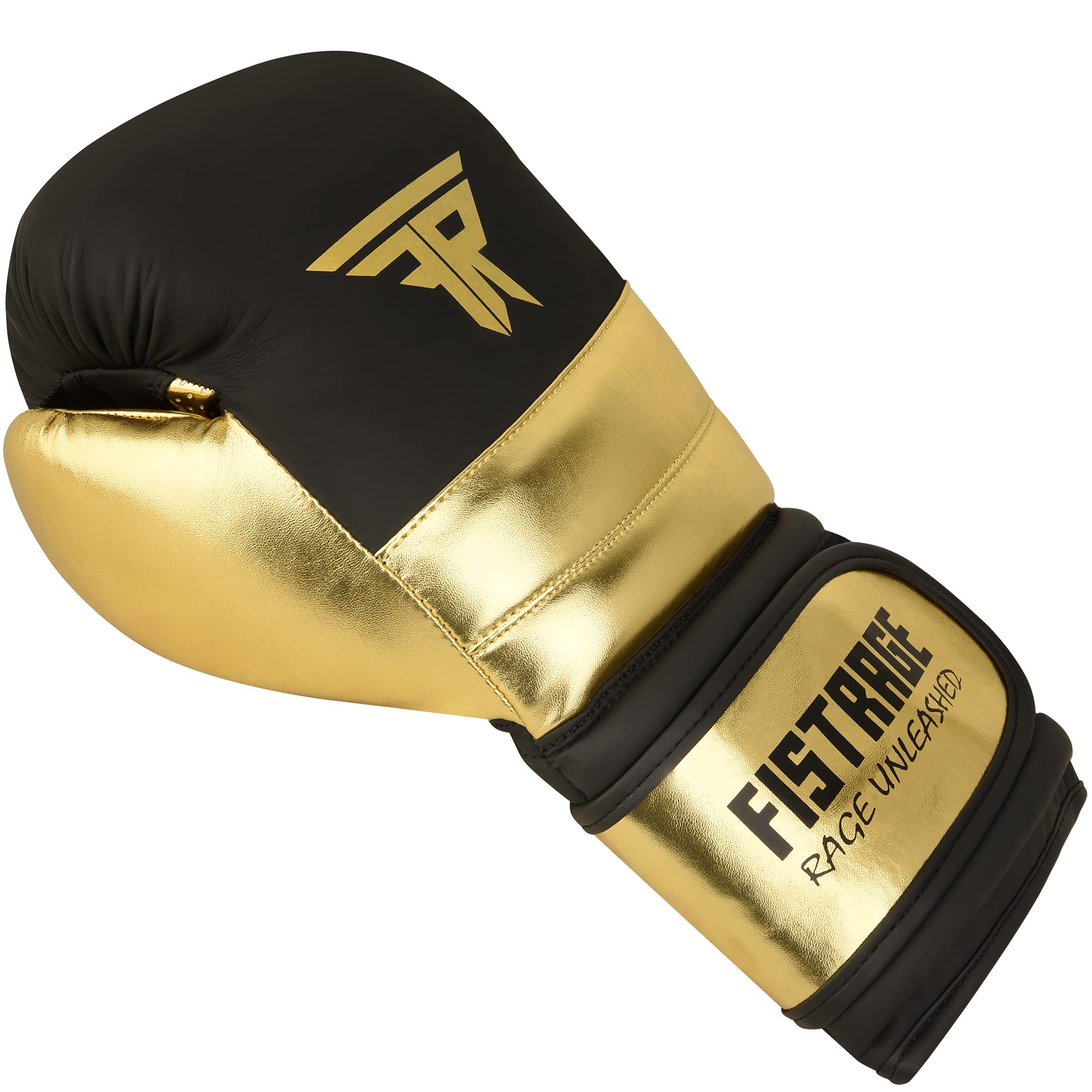 FISTRAGE Rękawice bokserskie, metaliczne, skórzane, MMA, trening muay thai, kickboxing, sparingi, ciężka torba, rękawice treningowe, rękawice dla mężczyzn i kobiet, złoto-czarne, 295 ml