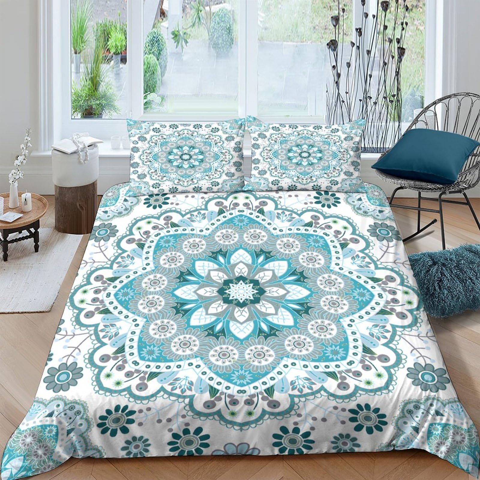 Ctjqhvkz Style-2 3D Printed Turquoise Mandala Fitted Sheet Microfiber Soft Breathable Floral Bed Cover For Bedroom Dorm Decor Single（135X200cm）