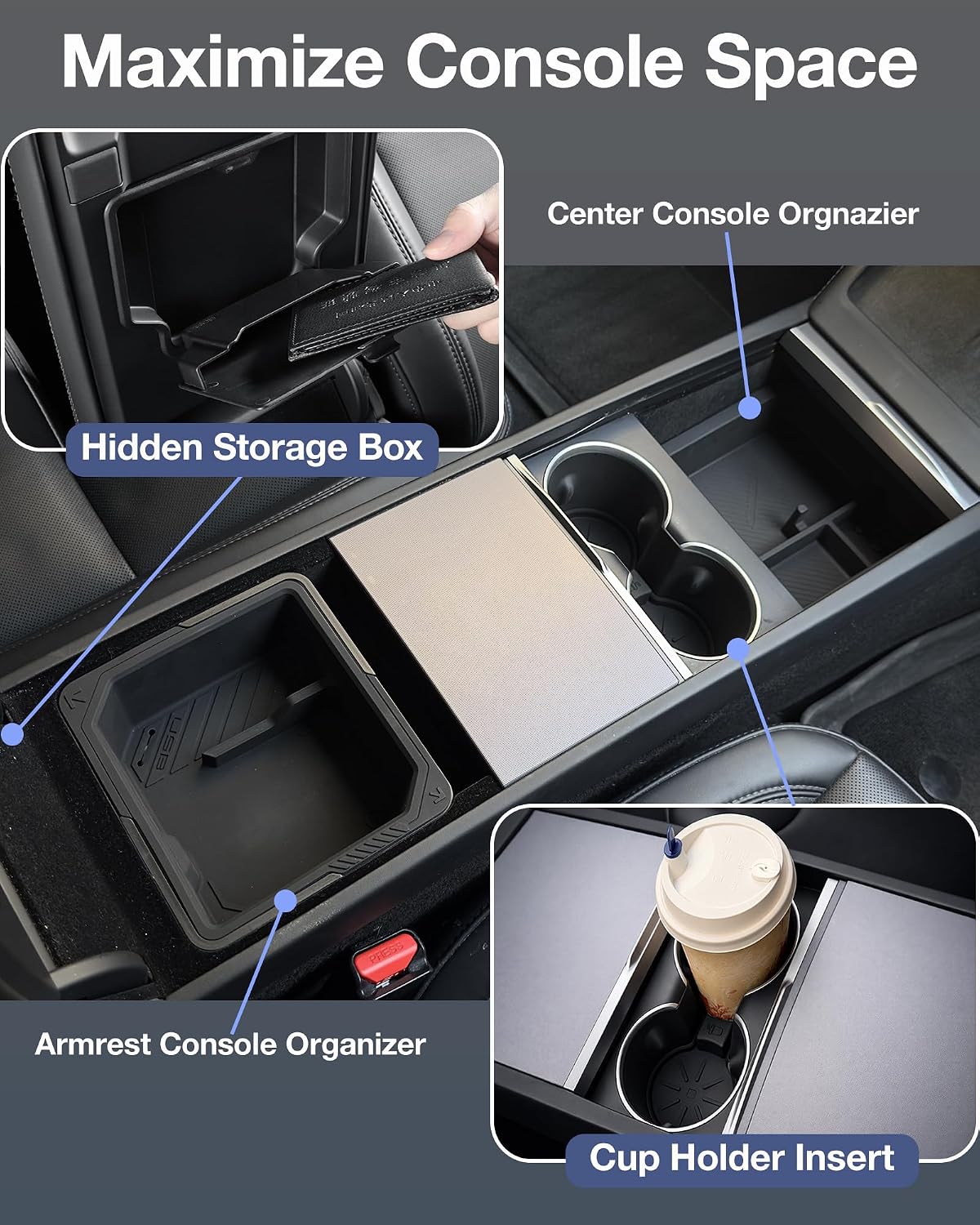 Center Console Organizer for Tesla Model Y Juniper Premium & Performance 2025 2026 and All Model 3 Highland Accessories [Double-Layer Storage, Smooth Sliding] Cup Holder Armrest Hidden Storage Box