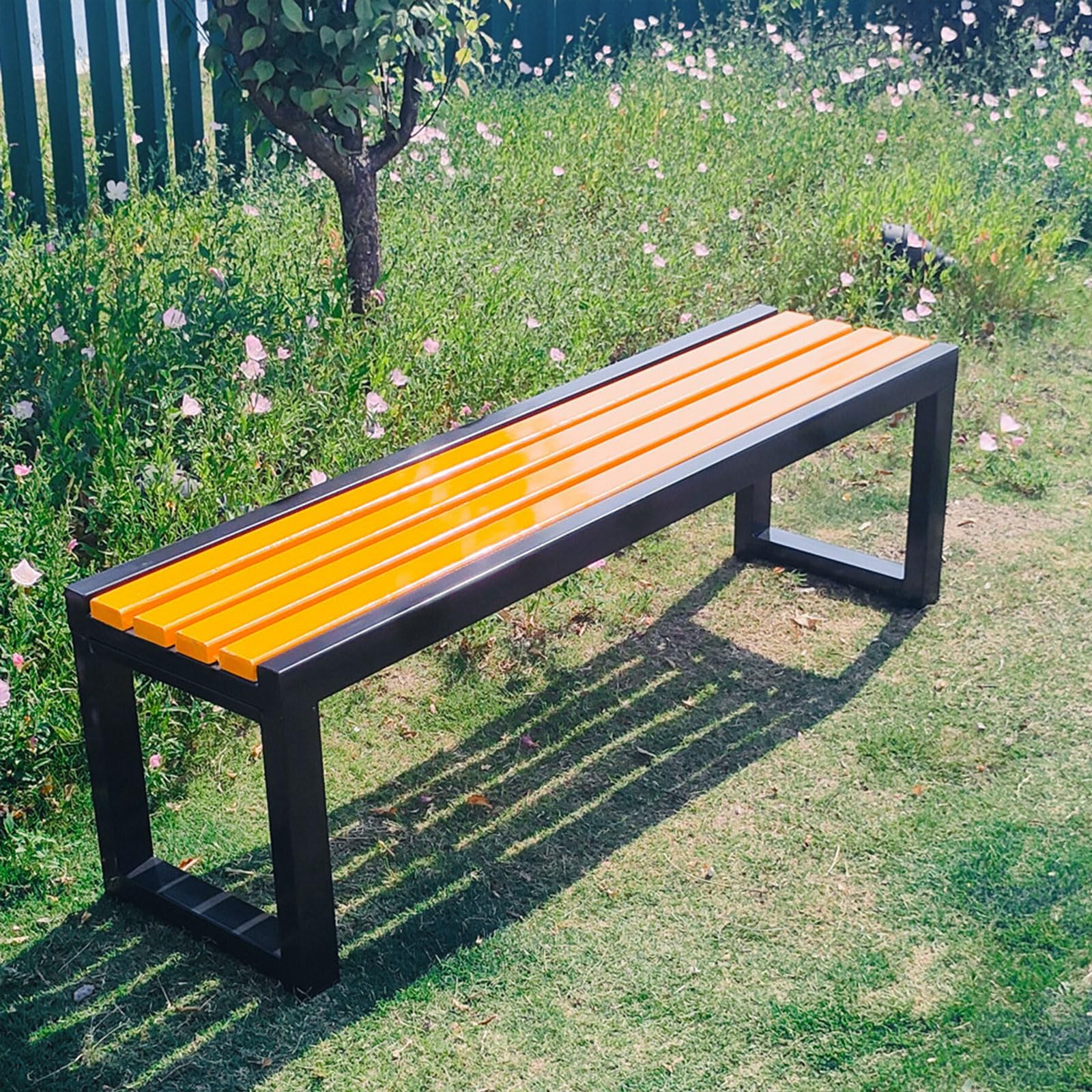 Banco de jardín sin respaldo resistente a la intemperie con soporte metálico