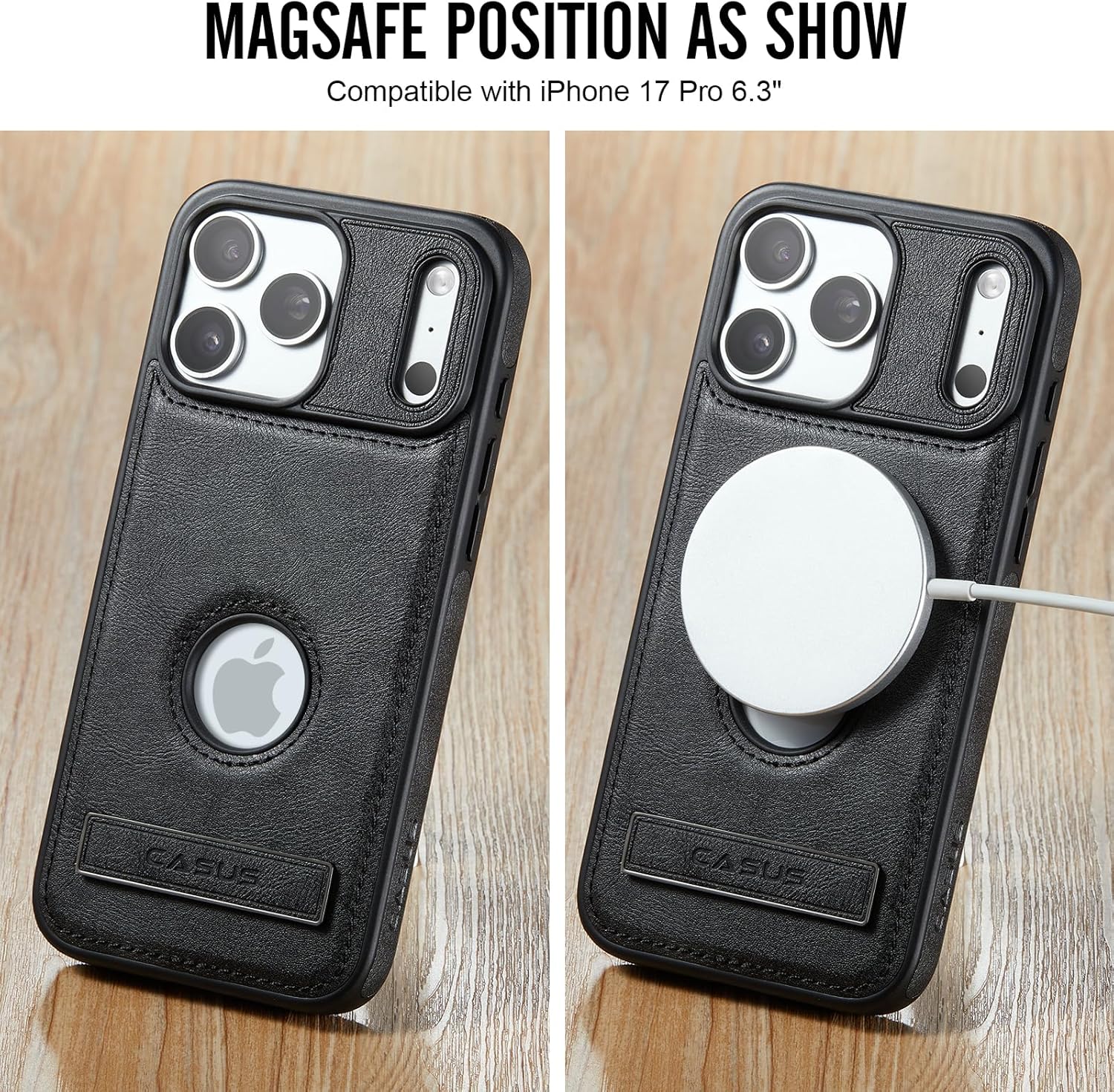 Casus Designed for iPhone 17 Pro Case Compatible with MagSafe Kickstand Vegan Leather Slim Classic Luxury Elegant Thin Protective Cover with Tempered Glass Screen (2025) 6.3" - Black - Image 9