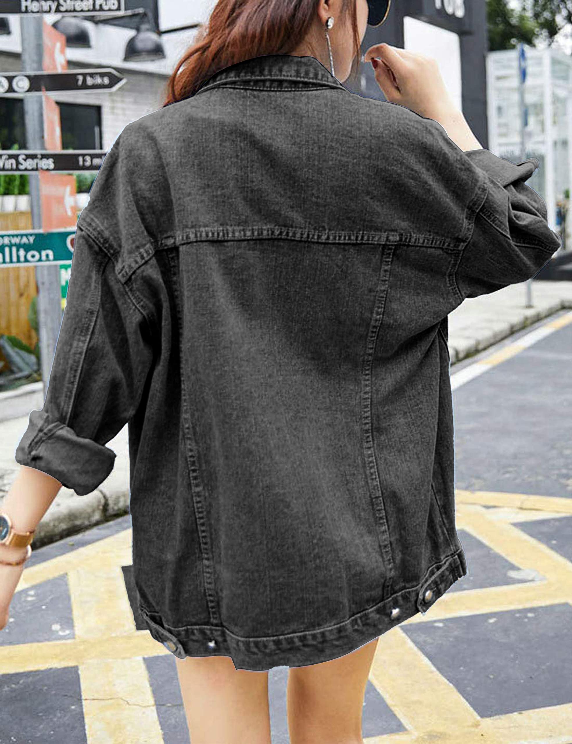 Omoone Women's Oversized Mid Long Denim Jacket Jean Biker Coat: Medium Grey