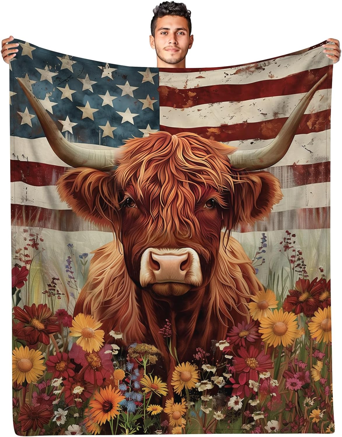 WZOMT Highland Cow Blanket, Highland Cow Gifts for Women Girls, American Flag Brown Scottish Highland Cows Floral Print Throw Blanket, Soft Plush Funny Animal Flannel Blankets Bedding 80"x60"