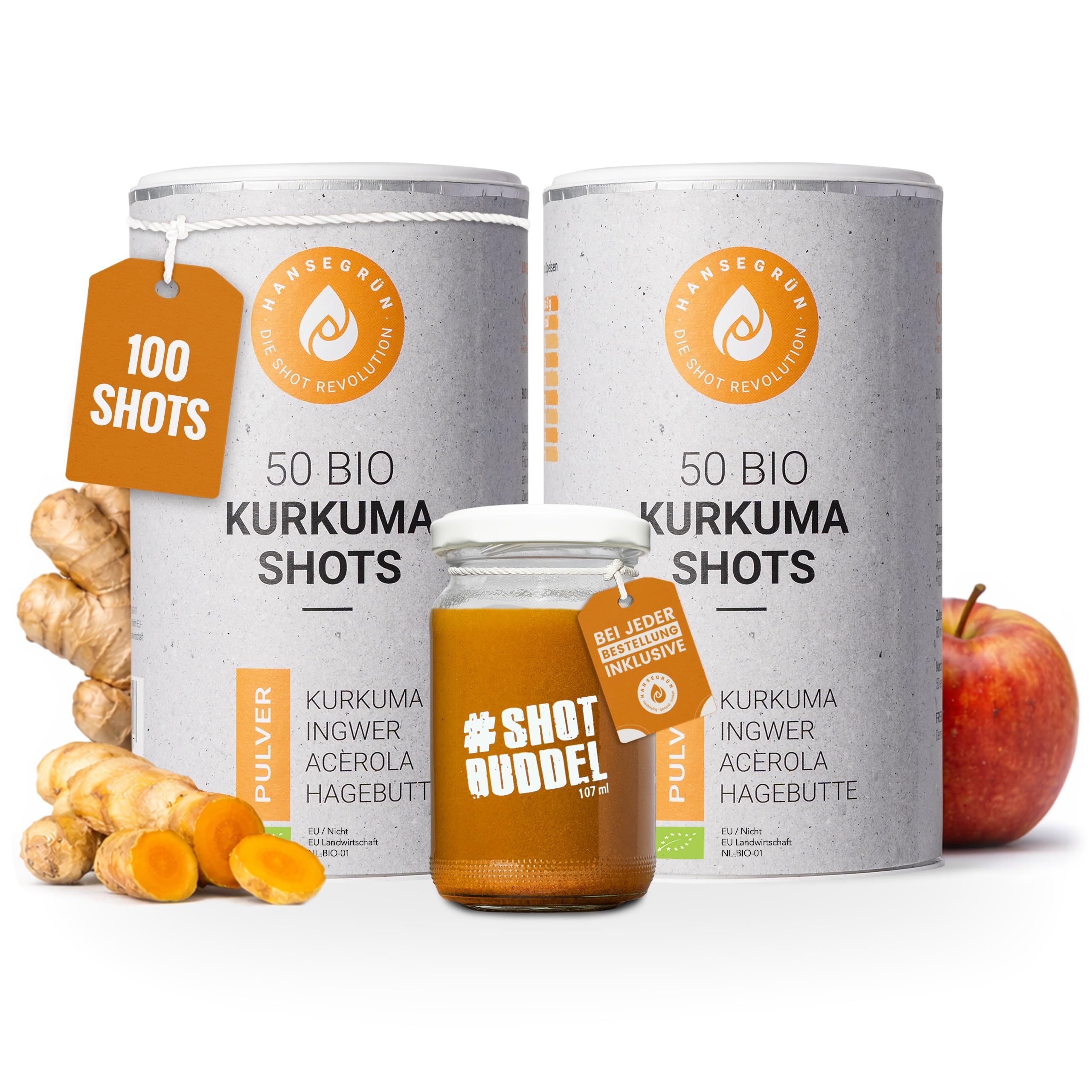 Hansegrün - 2x Bio Kurkuma Shots (50 Stk.) - Superfood-Pulver für Immunsystem¹, Knochen² & Knorpel³ - Kurkuma, Ingwer, Hagebutte & Acerola - 100% echte Zutaten zur täglichen Zubereitung