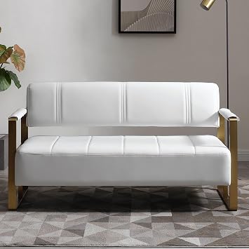 57.9" Modern Leather Loveseat Sofa, Upholstery Faux Bonded Leather Accent Futon Couch with Metal Square Arms for Living Room, Office, Apartment White