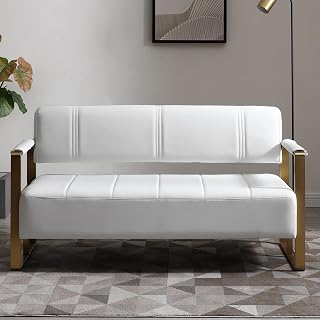 57.9" Modern Leather Loveseat Sofa, Upholstery Faux Bonded Leather Accent Futon Couch with Metal Square Arms for Living Room, Office, Apartment (White)