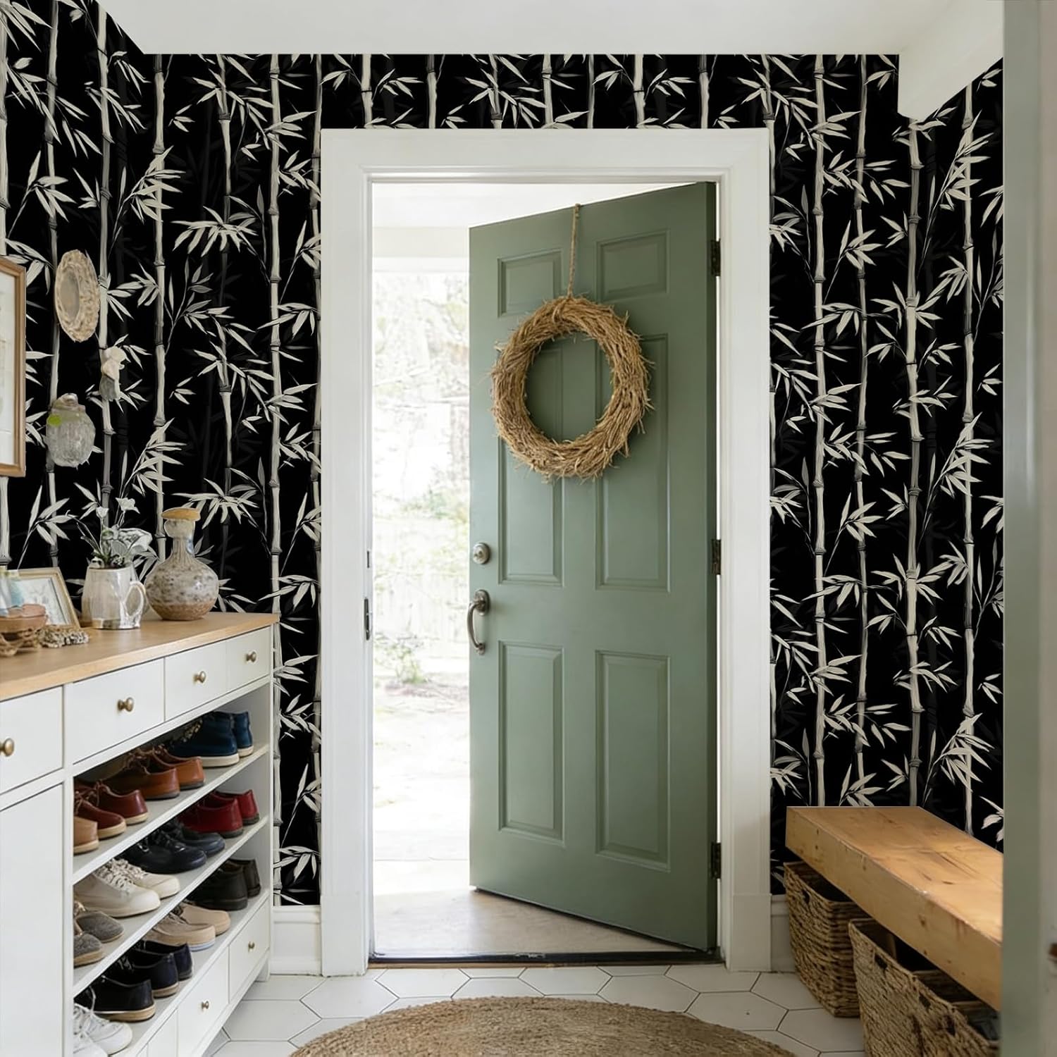 Stickorama Black Bamboo Peel and Stick Wallpaper 17.72" x 118.1'' Self Adhesive Artistic Stalks Leaf Accent Renter Friendly Removable Waterproof Wall Paper for Cabinet Bedroom Study