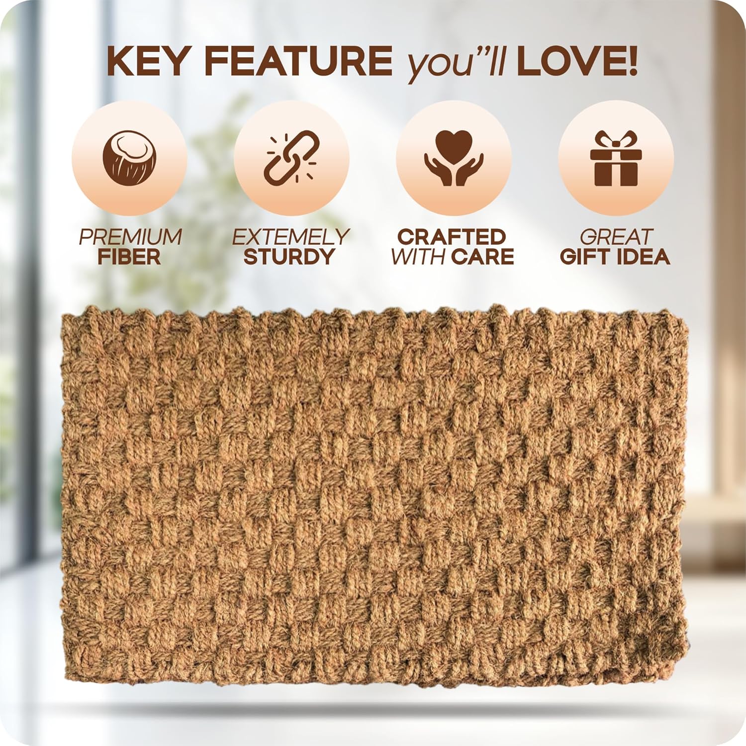 Natural Coconut Coir Welcome Mat - Durable Entryway Protection, 17 x 30 inches, Beautiful Hand Woven, Door Mat Traps Dirt & Debris