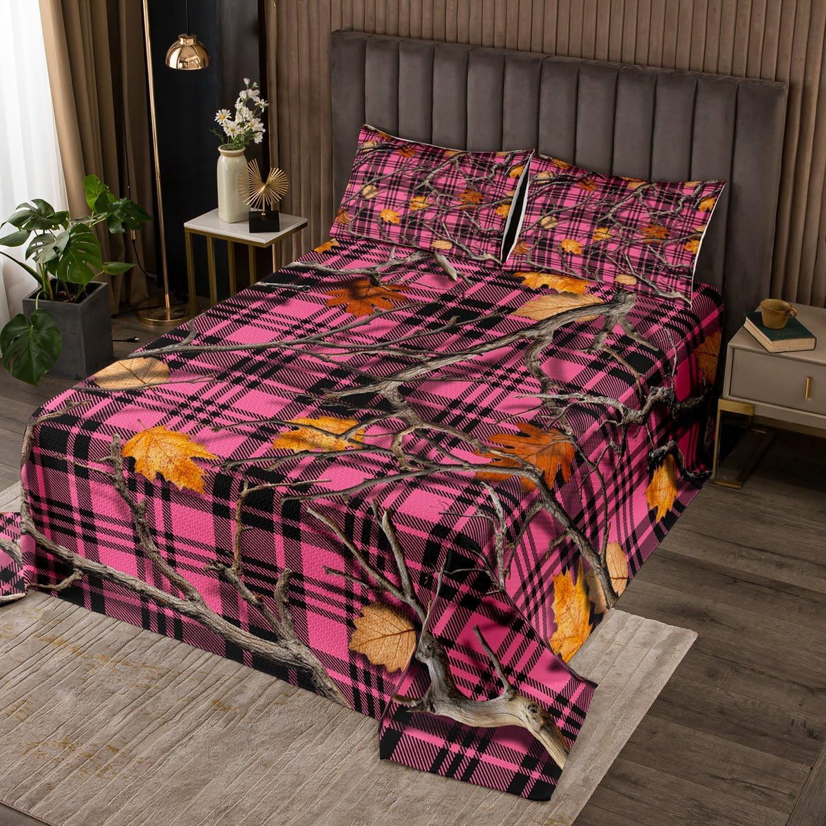 Erosebridal Woodland Tree Branch Coverlet Set Queen Camouflage Tree Leaves Bedspread Retro Buffalo Plaid Grid Quilt Set for Kids Adults,Rustic Farmhouse Bedding Quilted
