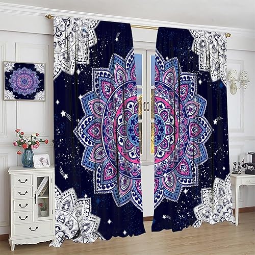 Miniatura 4 de Cortinas de mandala bohemias moradas, hermosas flores de pavo real, fondo blanco y negro, con bolsillo para barra, cortinas de ventana para
