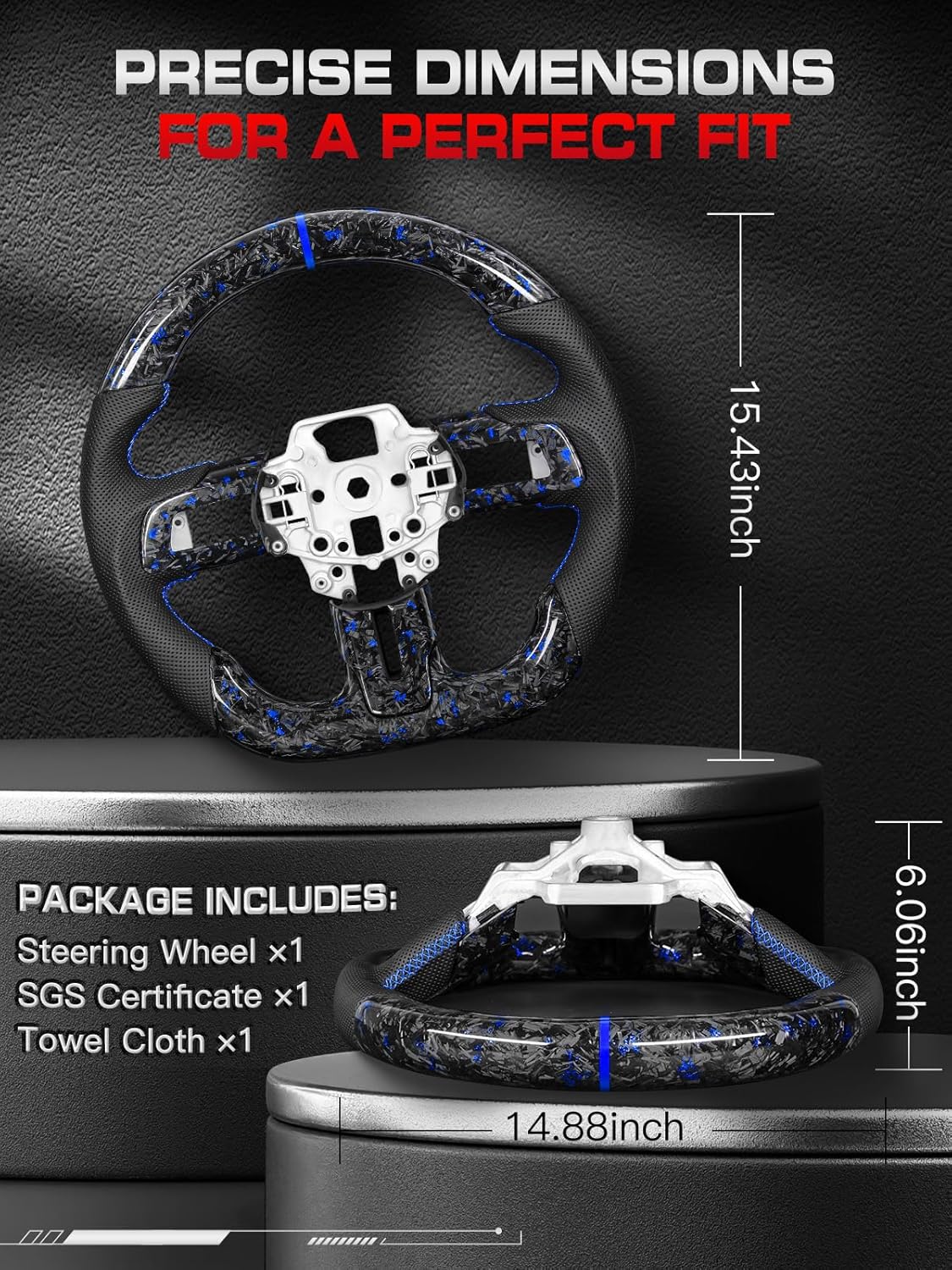 Forged Carbon Fiber Steering Wheel or Mustang 2015-2017, Blue Foil Infused, Blue Stitching, D-Shape, Perforated Nappa Leather, Fits for EcoBoost/GT/Base/V6/GT350/GT350R