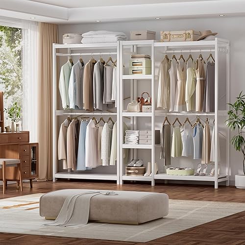 Miniatura 8 de Homykic Perchero de Bambú con Estantes y Varillas Dobles para Colgar, Sistema de Armario Portátil, Perchero para Colgar Ropa, Estante de Ropa Alto,