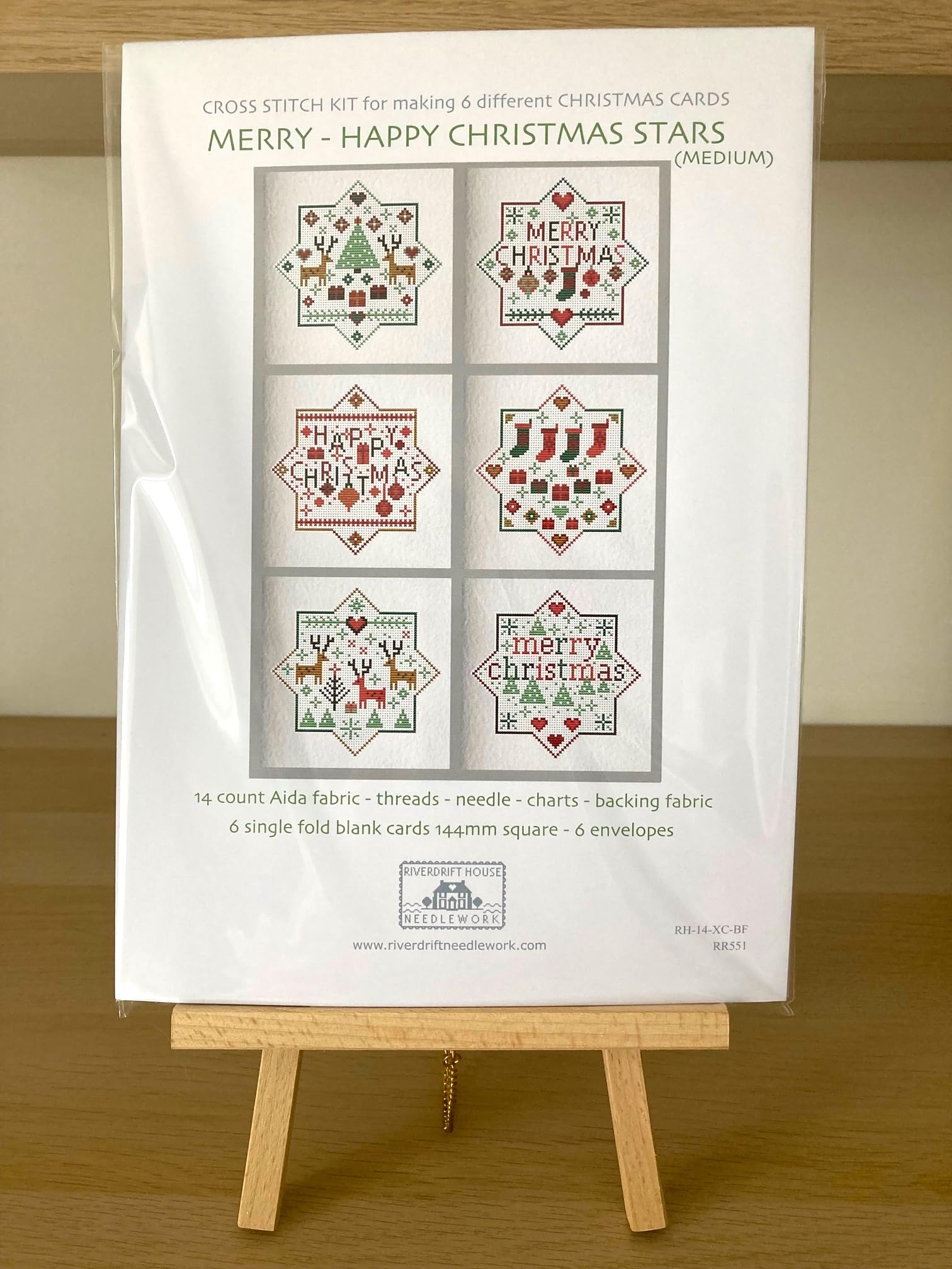 Riverdrift House Cross Stitch Card KIT Merry Happy Christmas Medium Stars to Stitch and Make 6 Greetings Cards