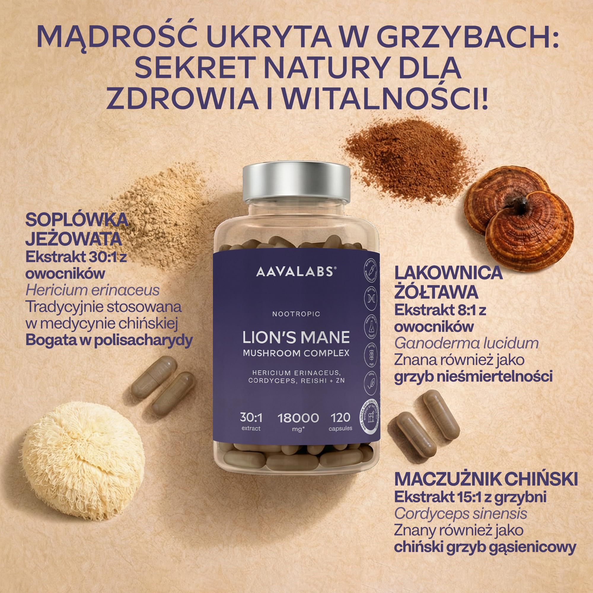 Lions Mane Mushroom Complex, 18000 mg Hericium Erinaceus wysoka dawka - Nootropic 30:1 ekstrakt z grzybów lwa - kapsułki Lwy mane z Reishi, Cordyceps i cynkiem - 120 lionów kapsułek