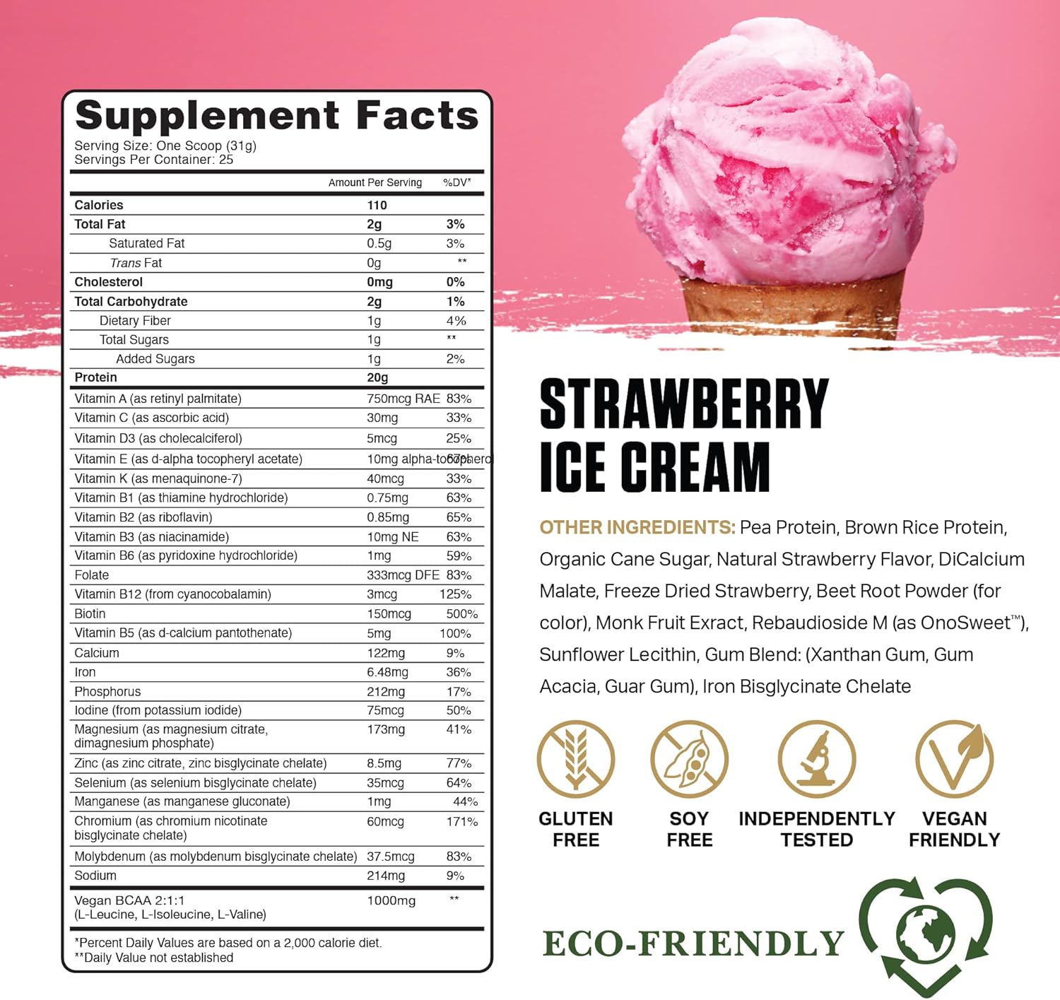 Ambrosia Planta - Plant-Based Protein Powder 20g | Dairy Free Vegan Protein Powder with BCAA Amino Acids | Keto-Friendly, No Added Sugar | 25 Servings | Strawberry Ice Cream - Image 3