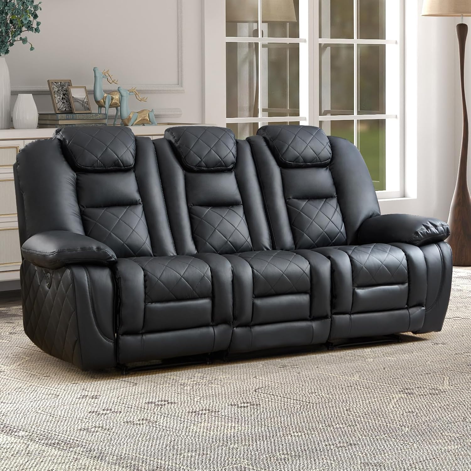 EBELLO Faux Leather Power Reclining Sofa, Electric 3 Seat Recliner Sofa Chair with USB and Type-C Charging Ports, Overstuffed Armrest and Backrest, Couch Furniture for Living Room, Black