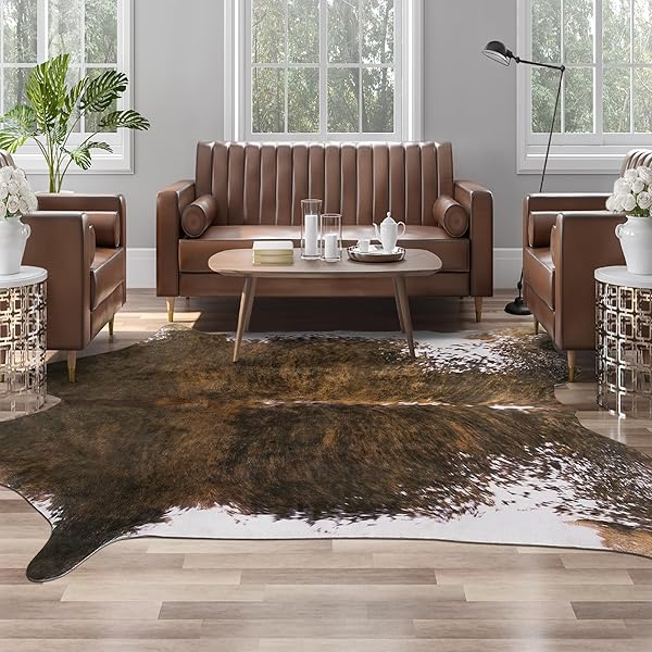 Sleek Leather Rug Ideas for Living Room Edge 9 Saddle Brown Faux Cowhide Carpet
