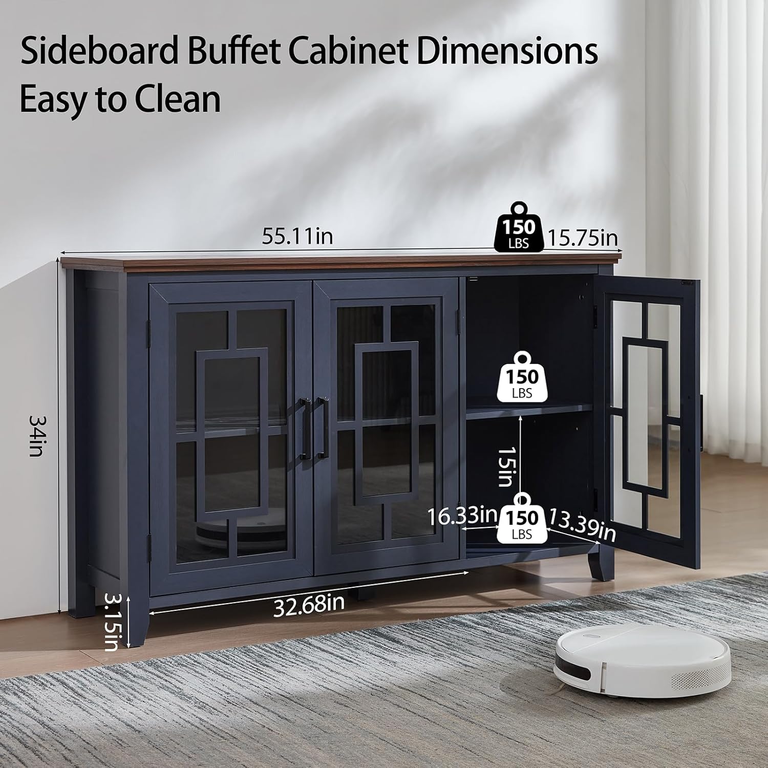 Joaxswe Large Sideboard Buffet Cabinet with Storage, 55" Farmhouse Kitchen Coffee Wine Bar Cabinet with 3 Glass Doors, Wood Mid Century Modern Side Board Table for Dining Room, Living Room,Navy Blue