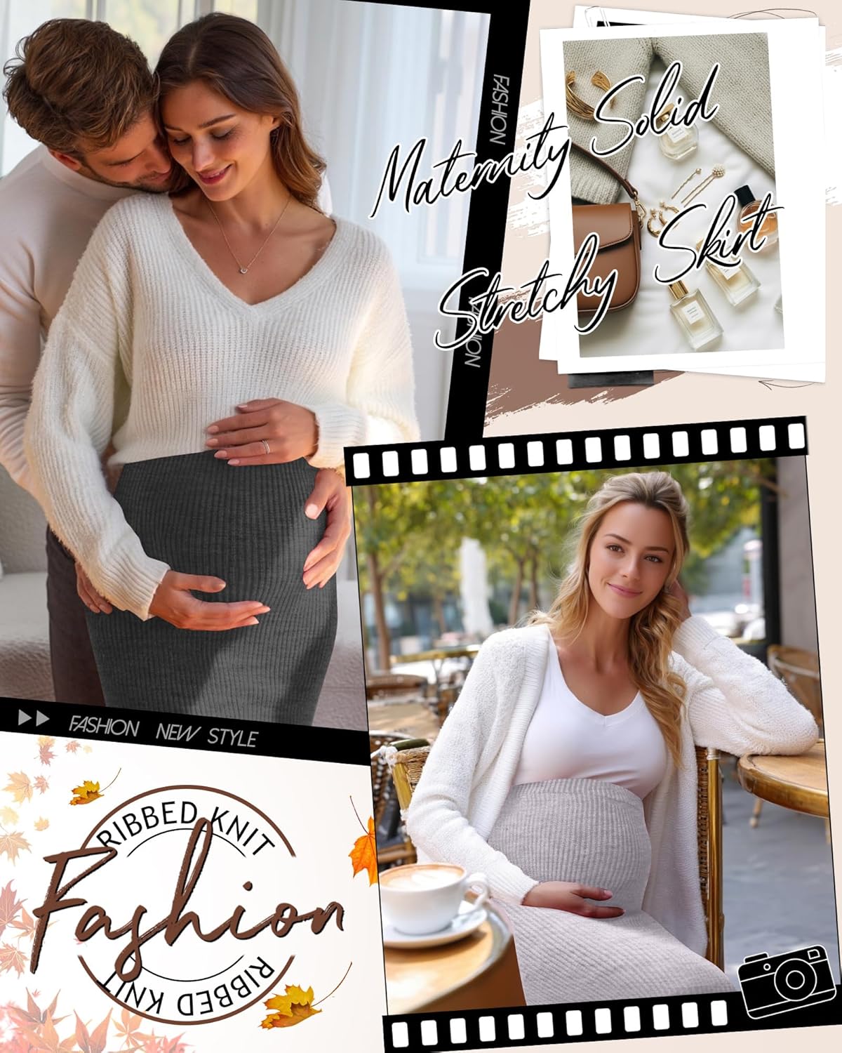 Neer 3 Pack Women's Maternity Skirts, Split Midi High Waist Ribbed Knit Solid Stretchy Pregnancy Pencil Long Skirt Clothes - Image 4