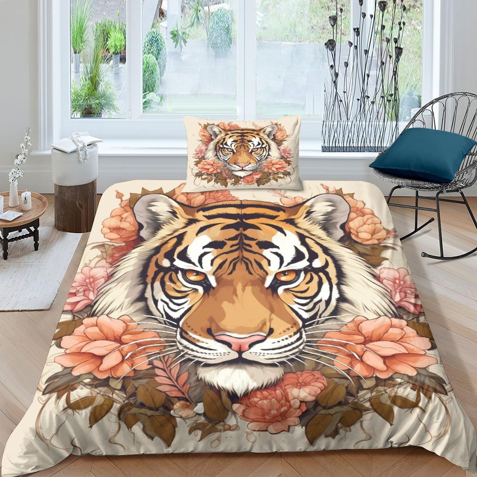 Housse de couette 3D tigre et sa taie d'oreiller lit enfant single 135x200