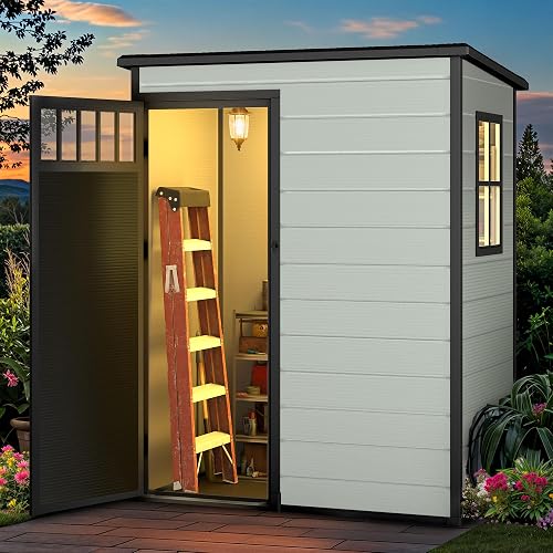 DWVO Outdoor Storage Shed 5x3FT with Fence-Style and Side Windows, Floor & Lockable Doors, Plastic Storage Shed, Tool Shed for Backyard and Garden
