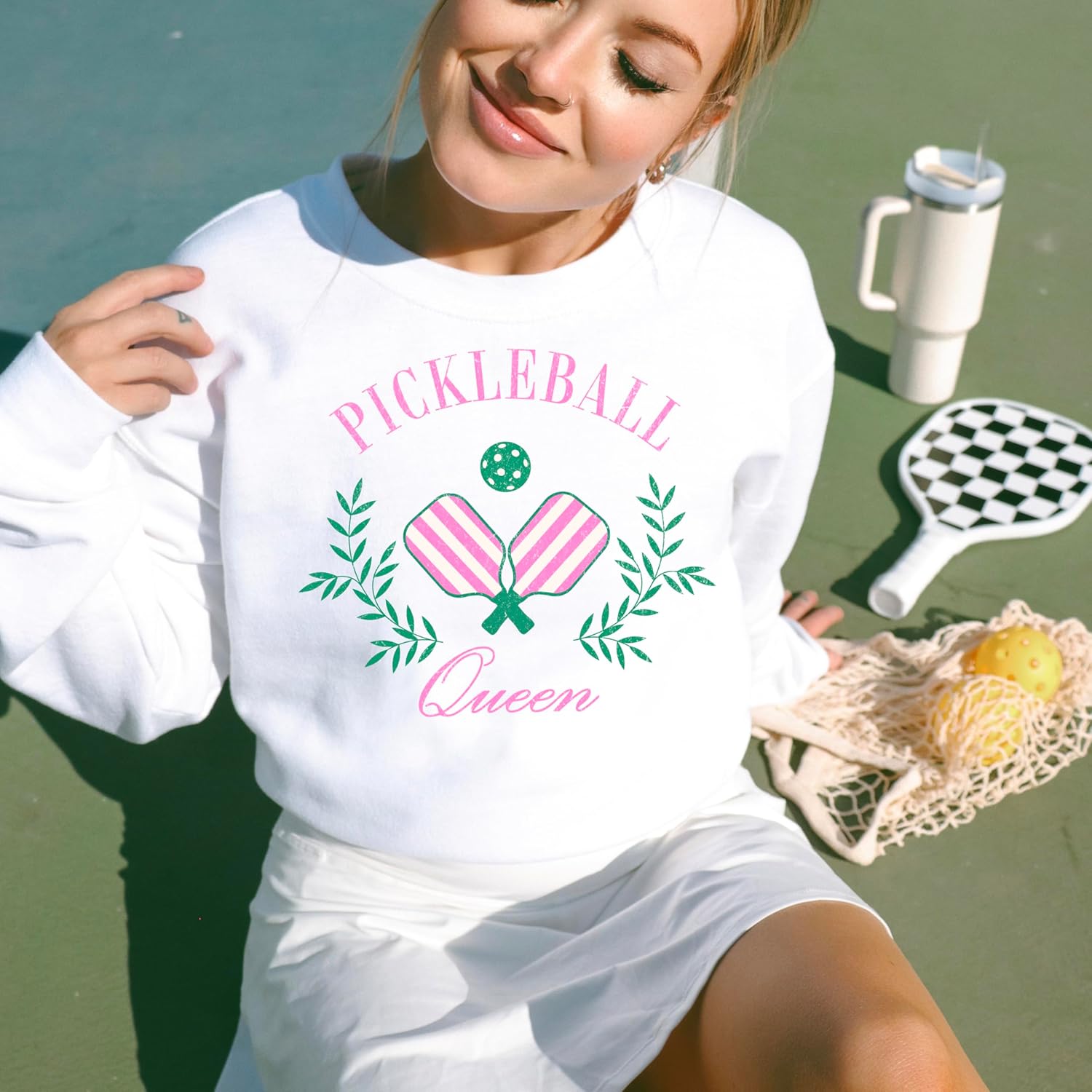 Olive Loves Apple Pickleball Queen Sweatshirt for Women and Teens Cozy Pickleball-Inspired Pullover - Image 2