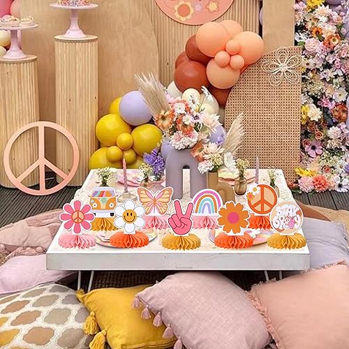 Miniatura 4 de 9 piezas hippie para fiesta de panal, centro de mesa, letrero de la paz, mariposa, dasiy, flor, autobús de los años 60, retro, bohemio, dos