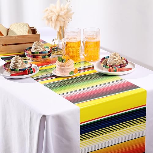 Miniatura 5 de Preboun 6 piezas de camino de mesa mexicano desechable de plástico mexicano Serape de 14 x 108 pulgadas, decoración de fiesta temática mexicana,