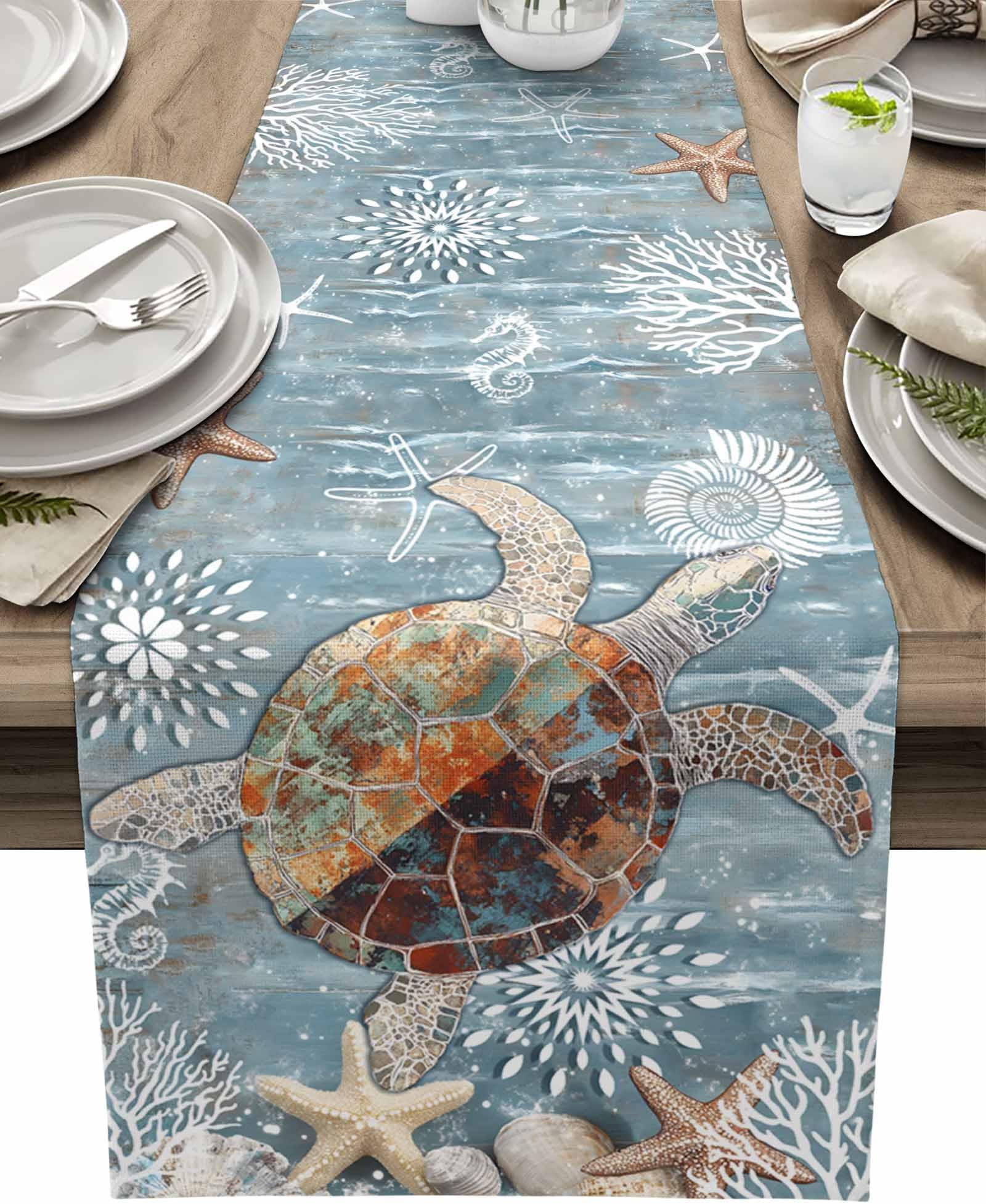 Blue Sea Turtle Coastal Burlap Dining Short Table Runner 36 Inches, Summer Beach Nautical Starfish Coral Table Runner Kitchen Coffee Table Runners Decoration for Indoor Outdoor Holiday Party Dresser
