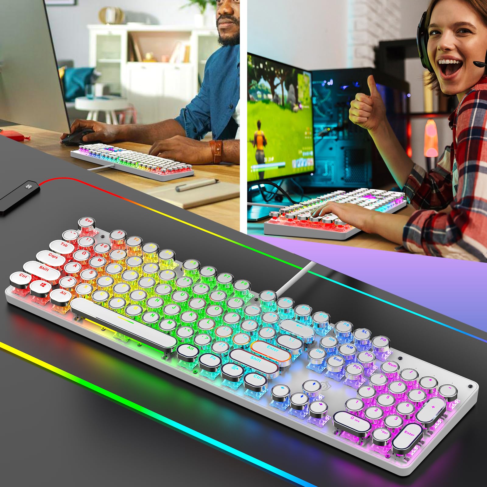 Mechaniczna klawiatura do gier z czerwonymi przełącznikami z podświetleniem RGB, 104 klawisze, okrągła nasadka klawiszy retro, przewodowa, styl maszyny do pisania, wygodny dźwięk pisania (biała RGB)