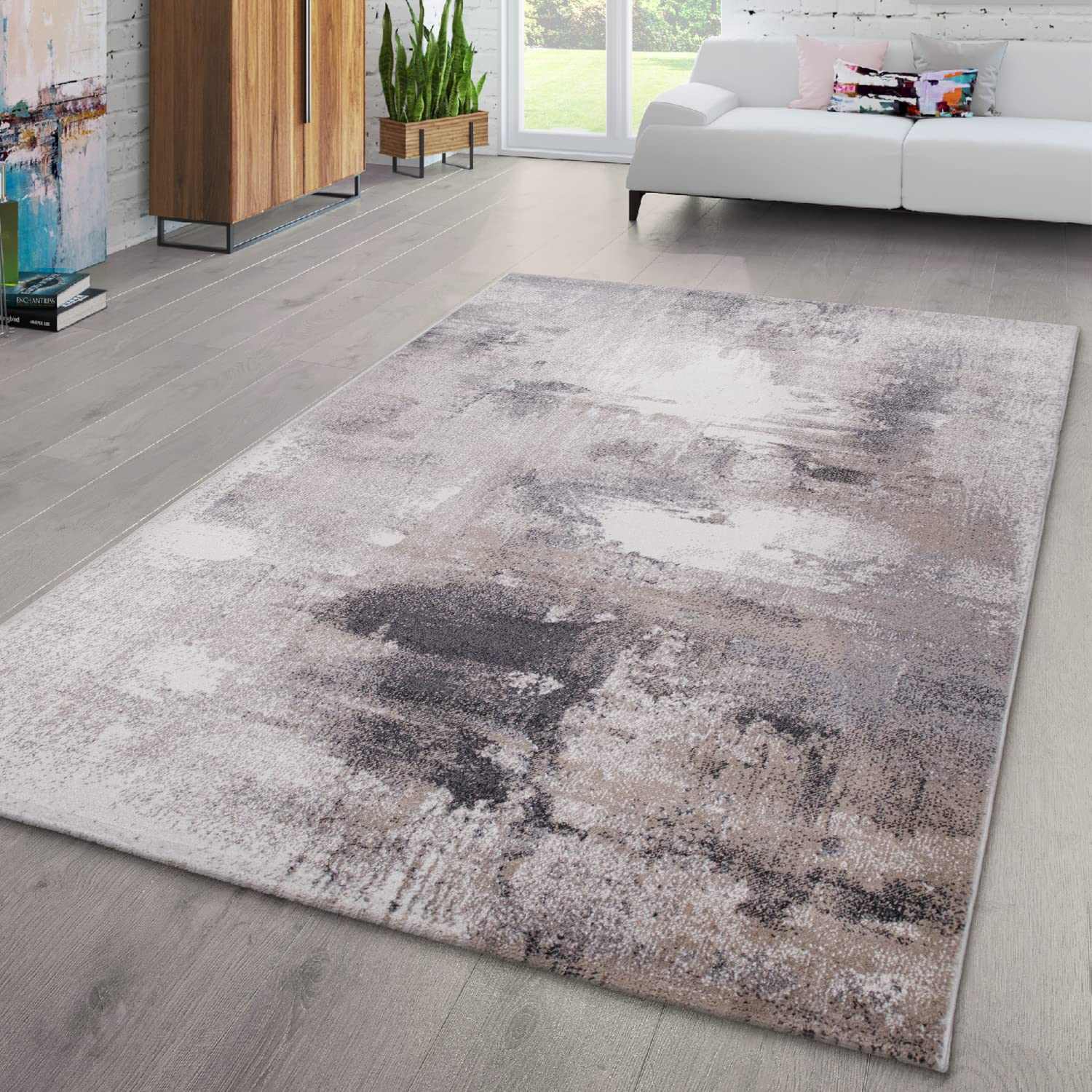 Tapis moderne vintage abstrait au tissage rase d'une élégance intemporelle gris beige