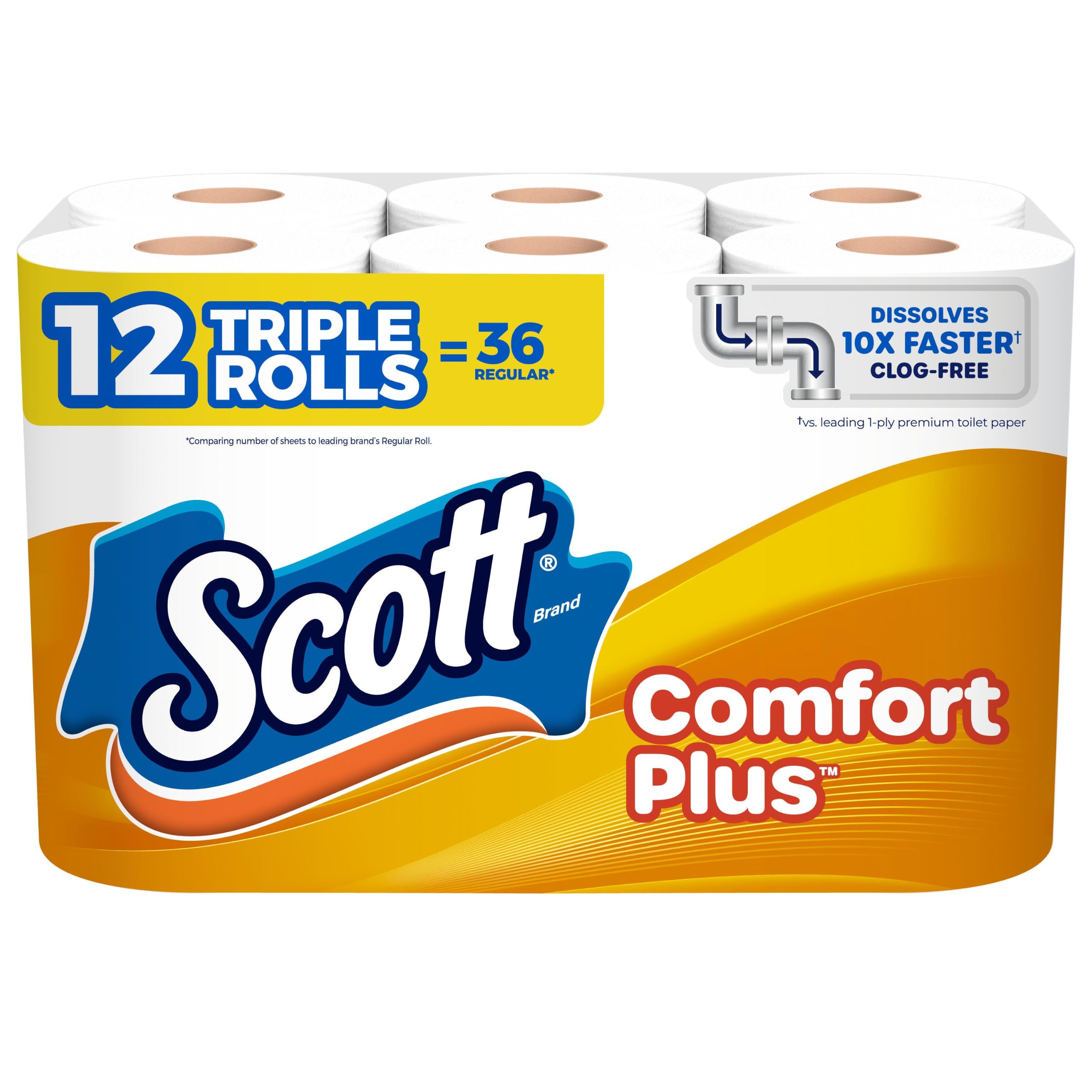 Scott ComfortPlus Toilet Paper, 12 Triple Rolls, 231 Sheets per Roll, Septic-Safe, 1-Ply Toilet Tissue