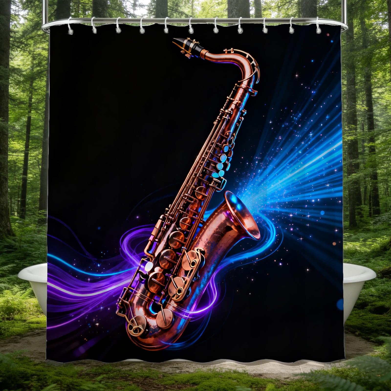 Hongduo 3D Saxophone Shower Curtain for Stalls Bathtubs Art Style Bathroom Decor Shower Curtain Set Polyester Fabric Waterproof 200x200cm/79X79 Inch with Hooks
